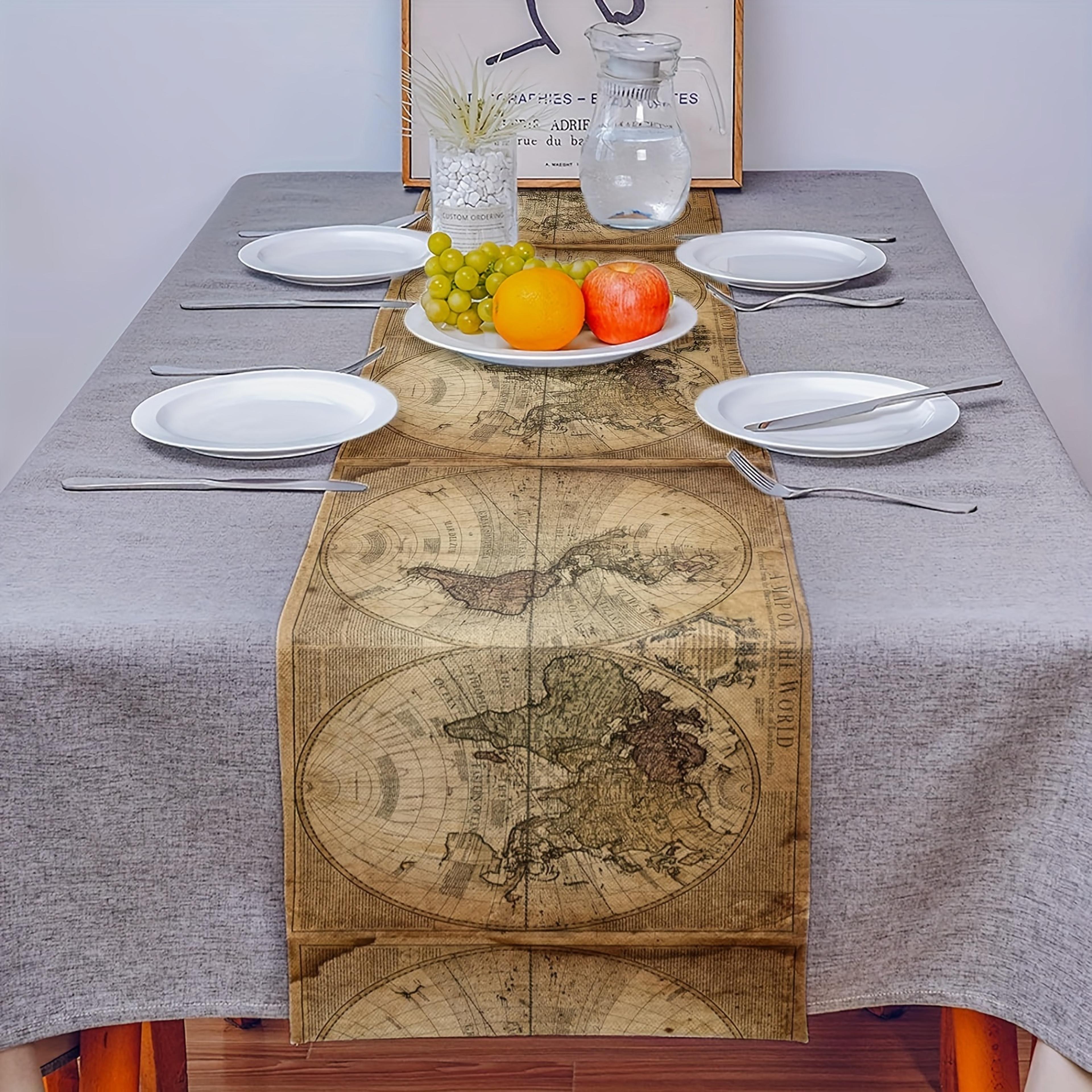 Retro Nautical World Map Linen Table Runner For Home  Parties 3
