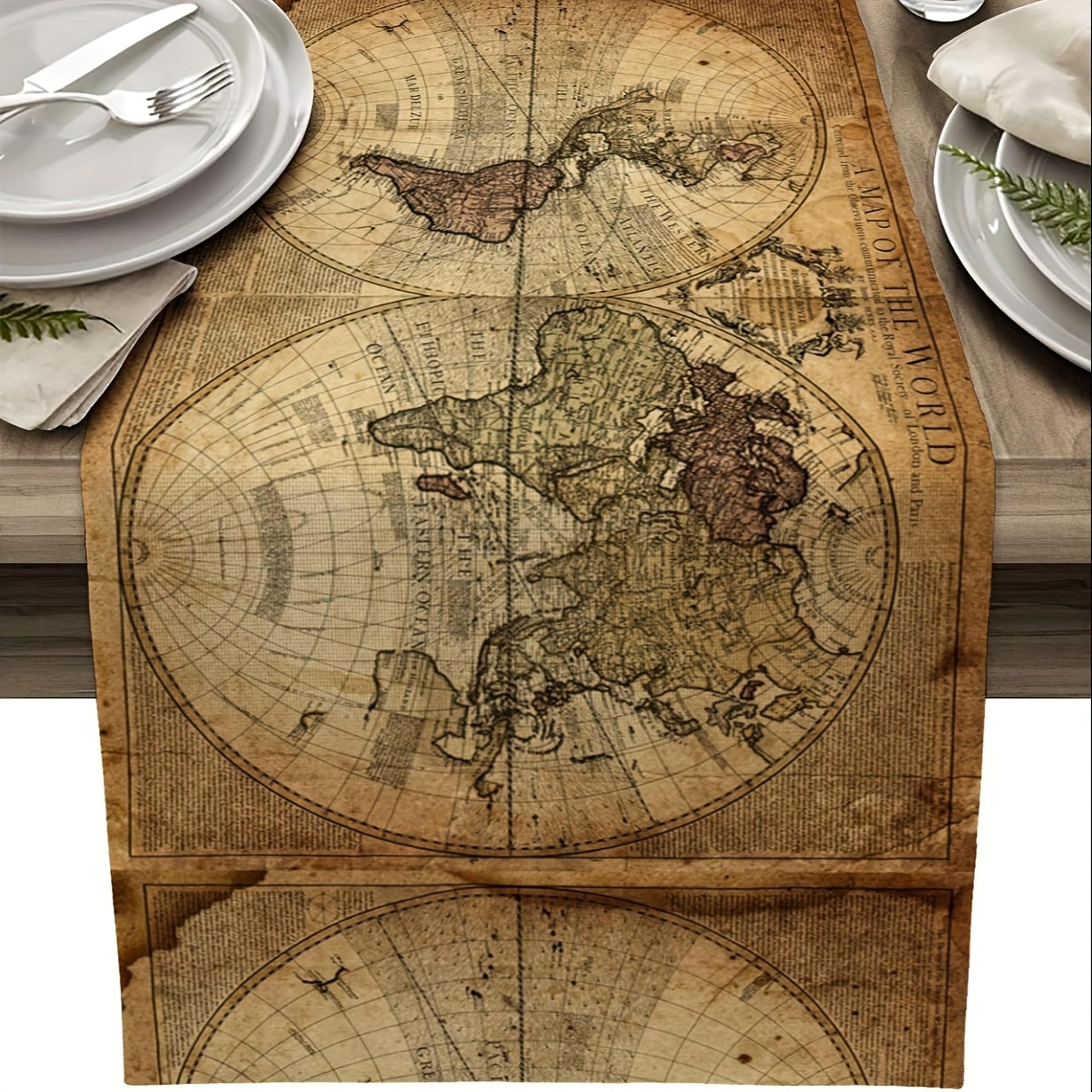 Retro Nautical World Map Linen Table Runner For Home  Parties 4