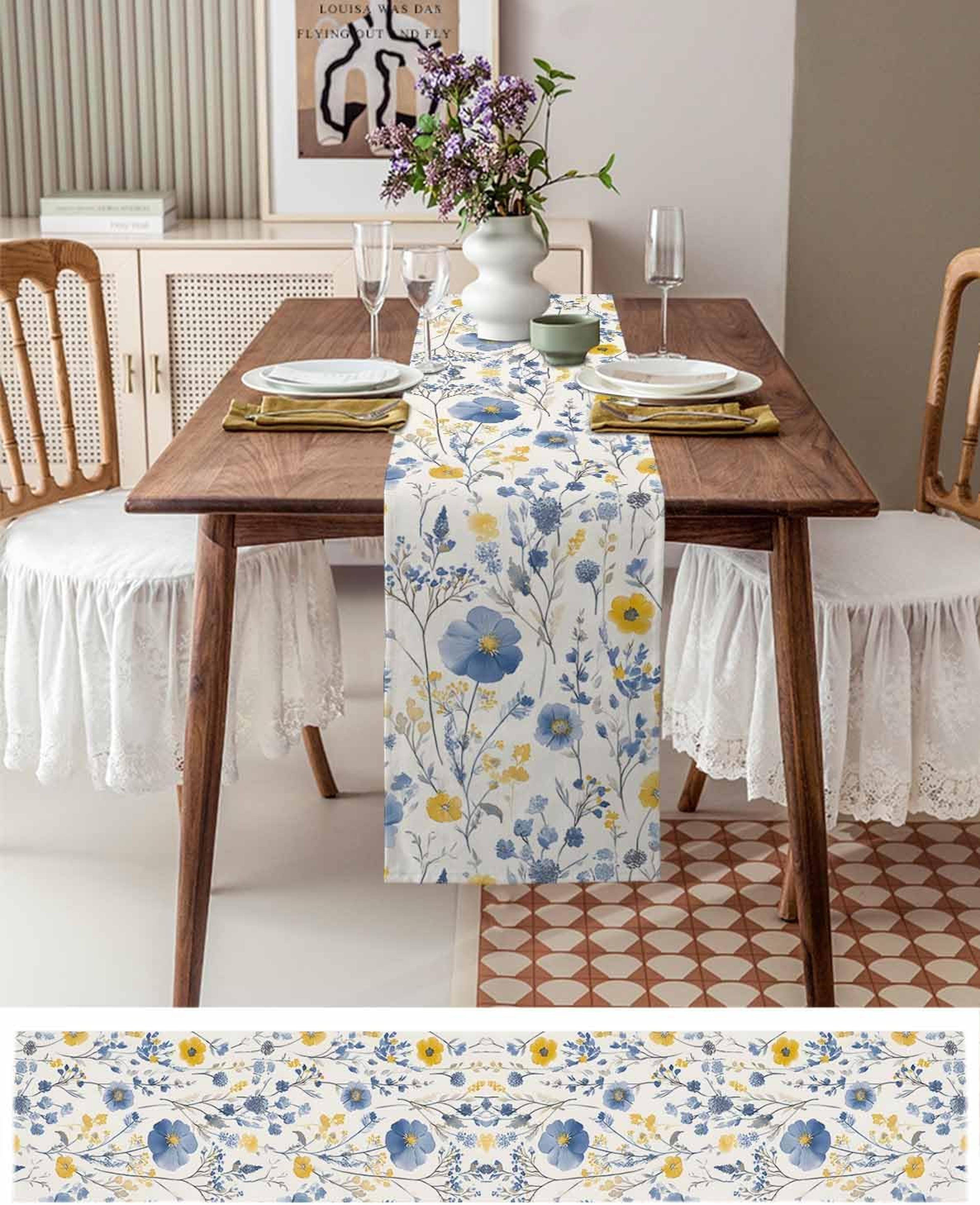 Vintage Spring Floral Linen Table Runner Elegant Party  Home Decor 1