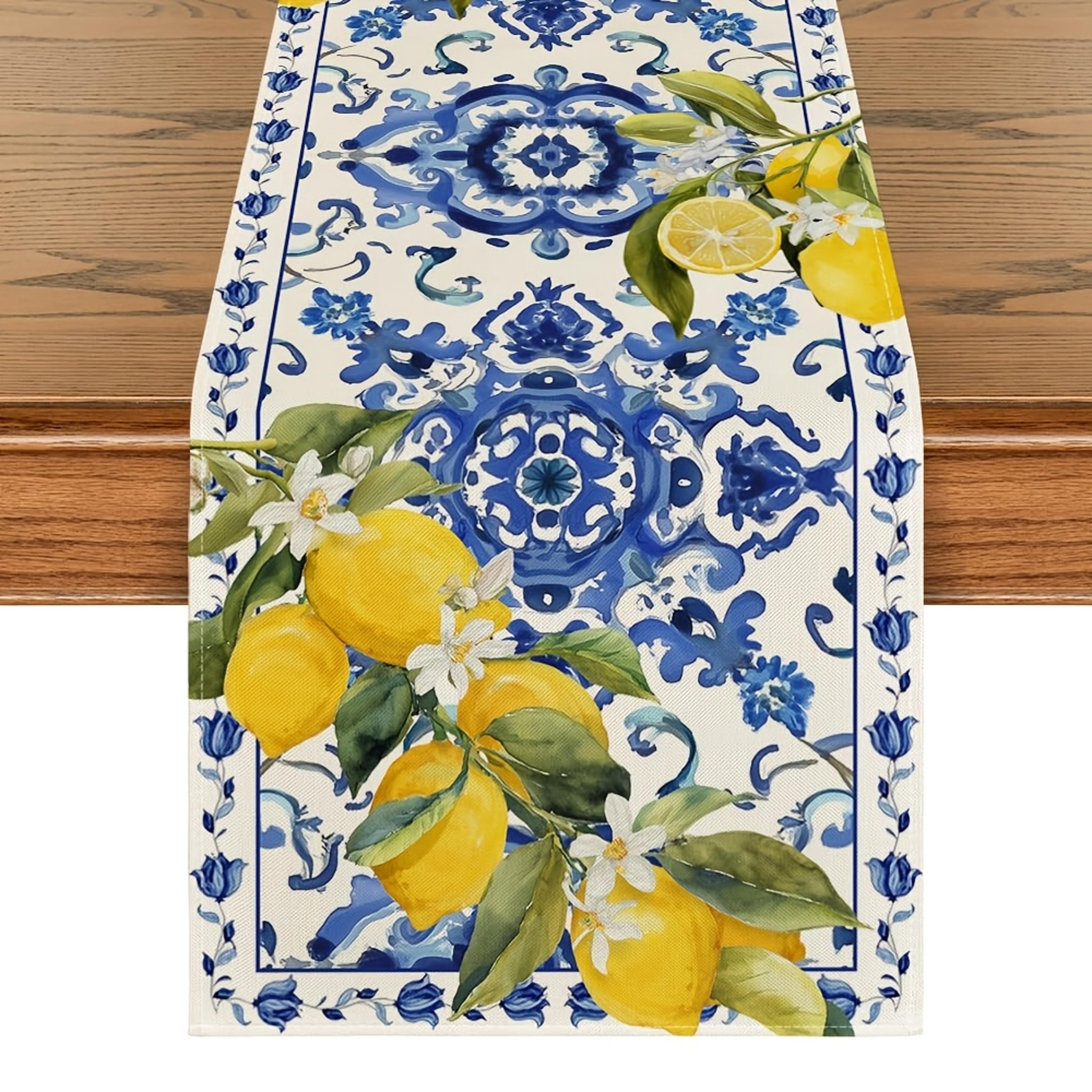 Mediterranean Lemon Blue Tile Linen Table Runner Summer Dining Decor 4