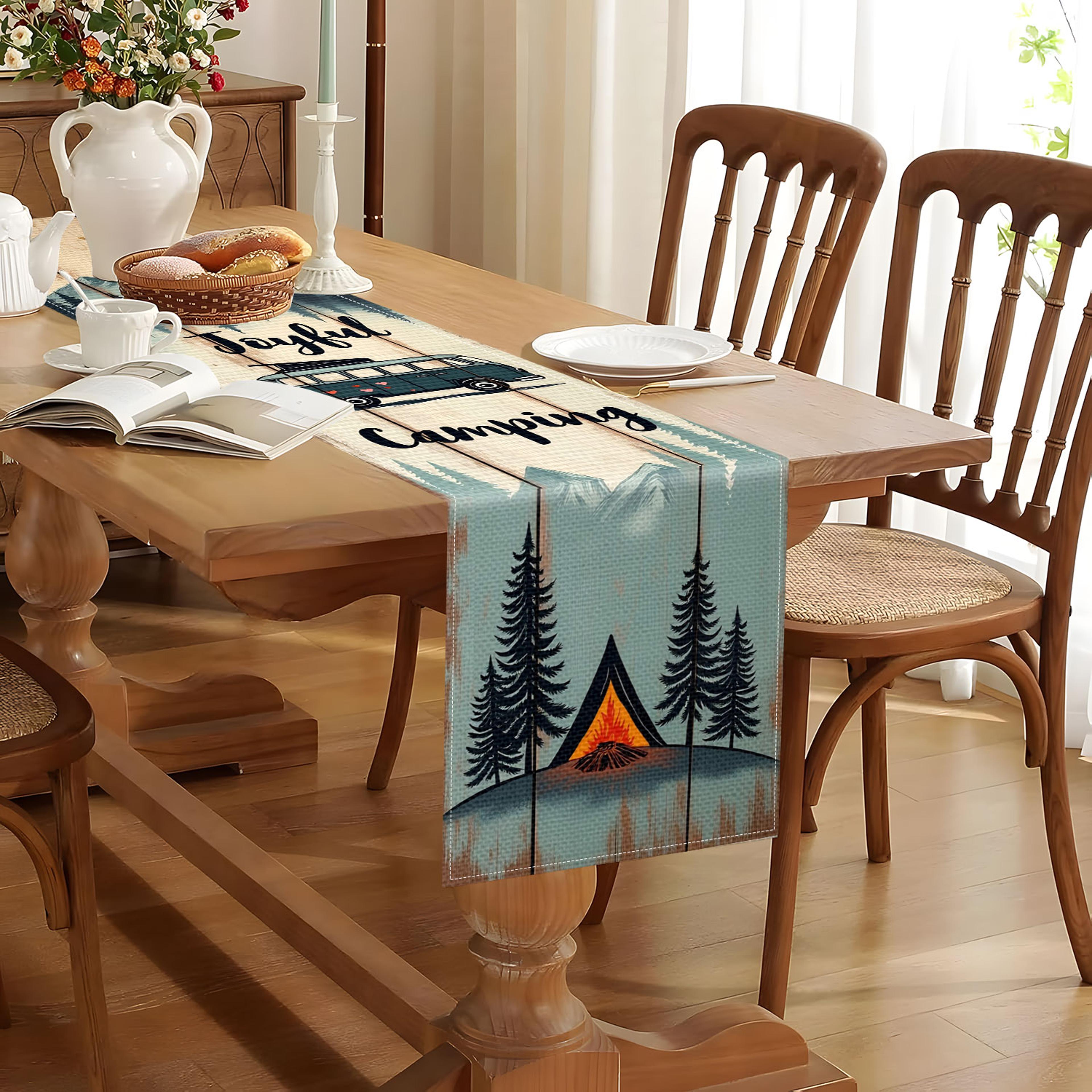 Camping Table Runner With RV Mountain  Campfire Pattern Outdoor Decor 1