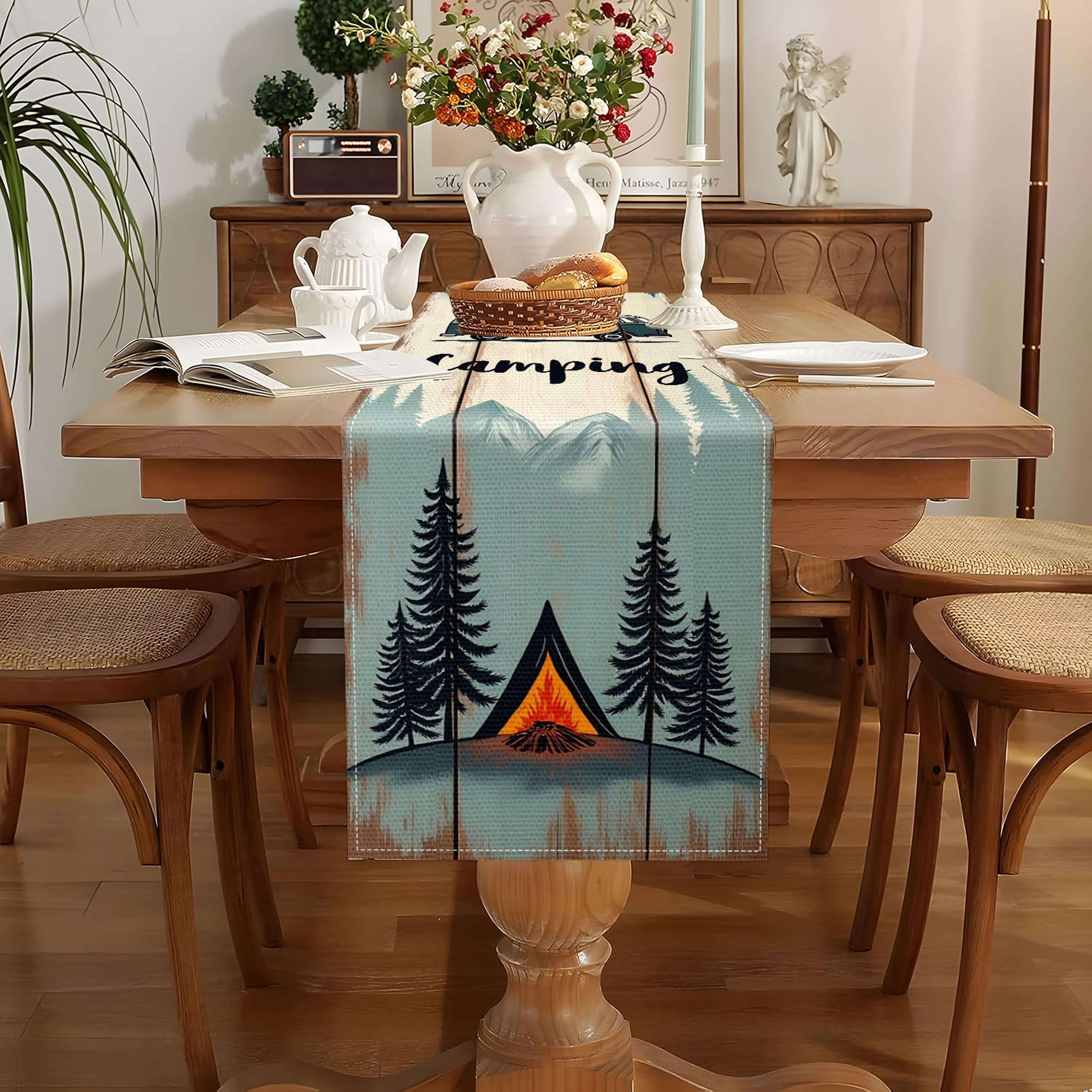 Camping Table Runner With RV Mountain  Campfire Pattern Outdoor Decor 3
