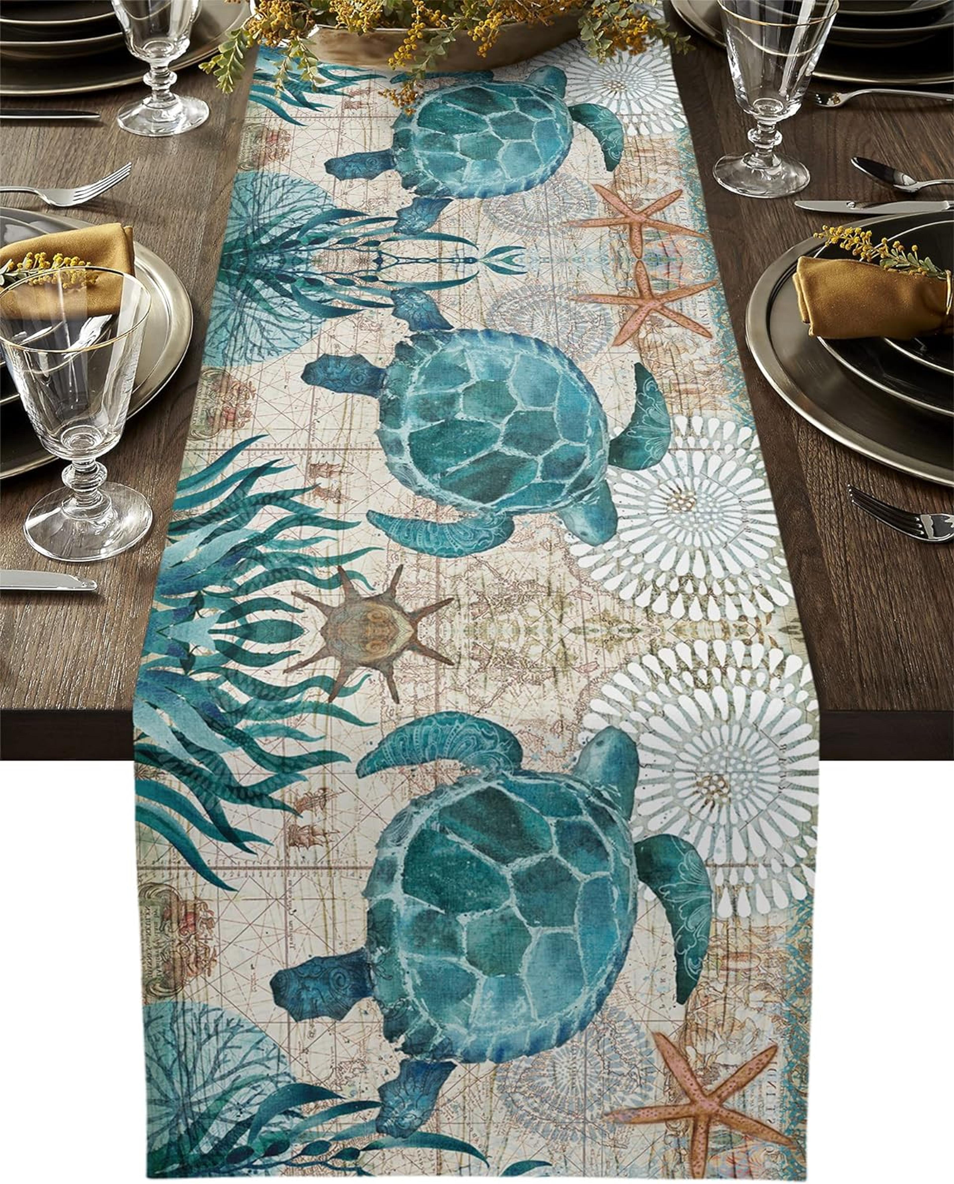 nautical sea turtle & starfish linen table runner for coastal decor