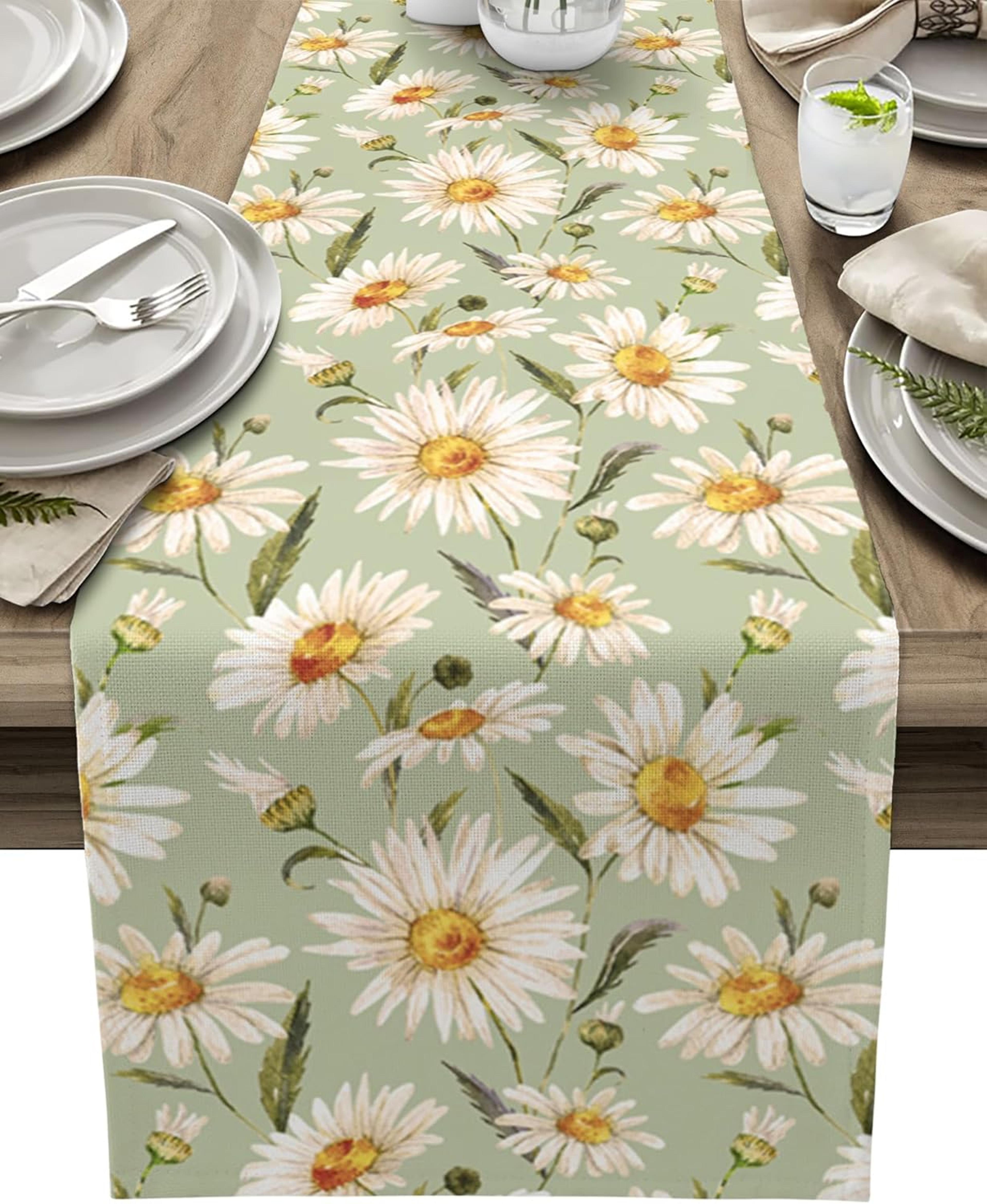 Spring Daisy Floral Linen Table Runner Holiday Table Decor  Farmhouse Dining Decor 5