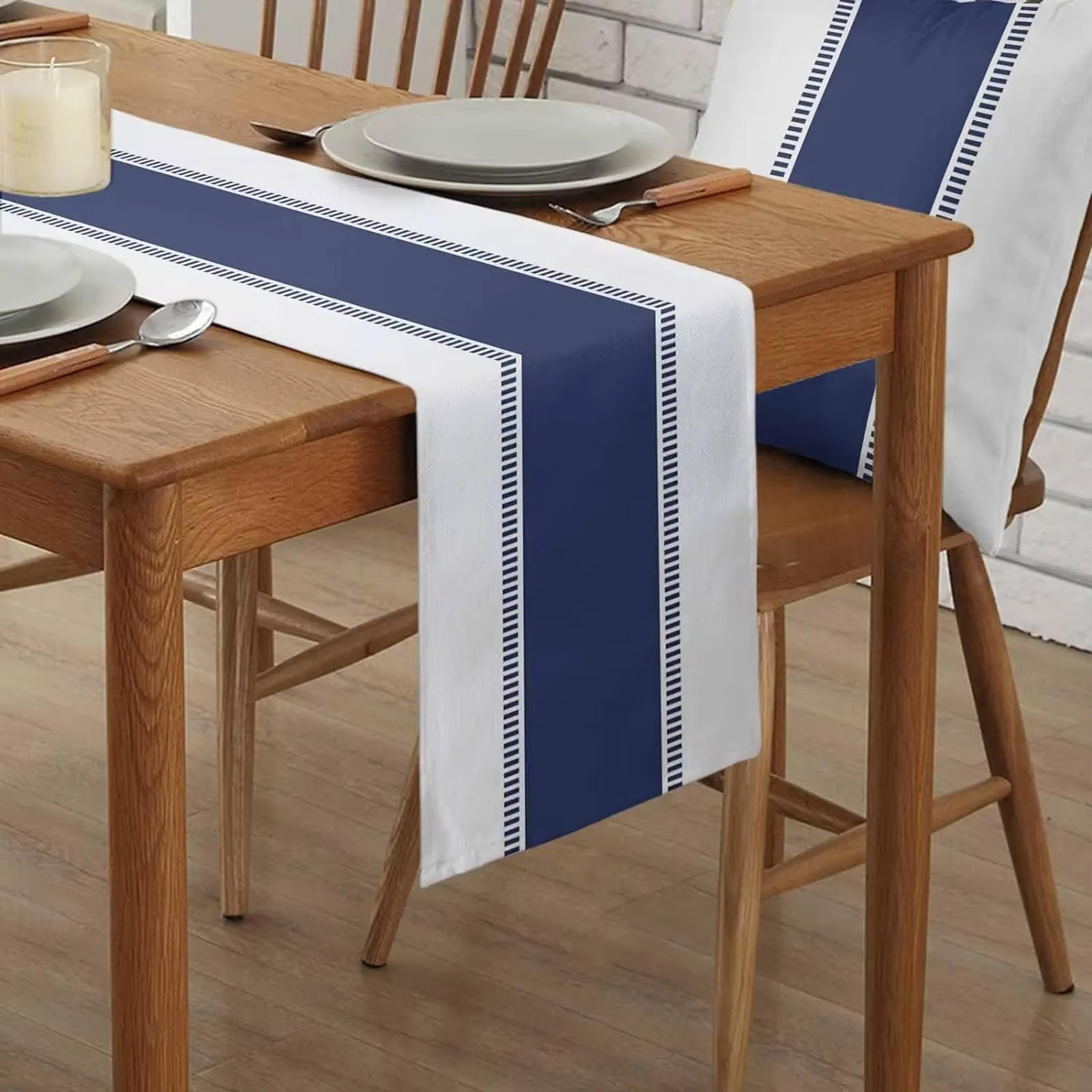 Navy Blue Striped Linen Table Runner Farmhouse Dining Table Decor 1