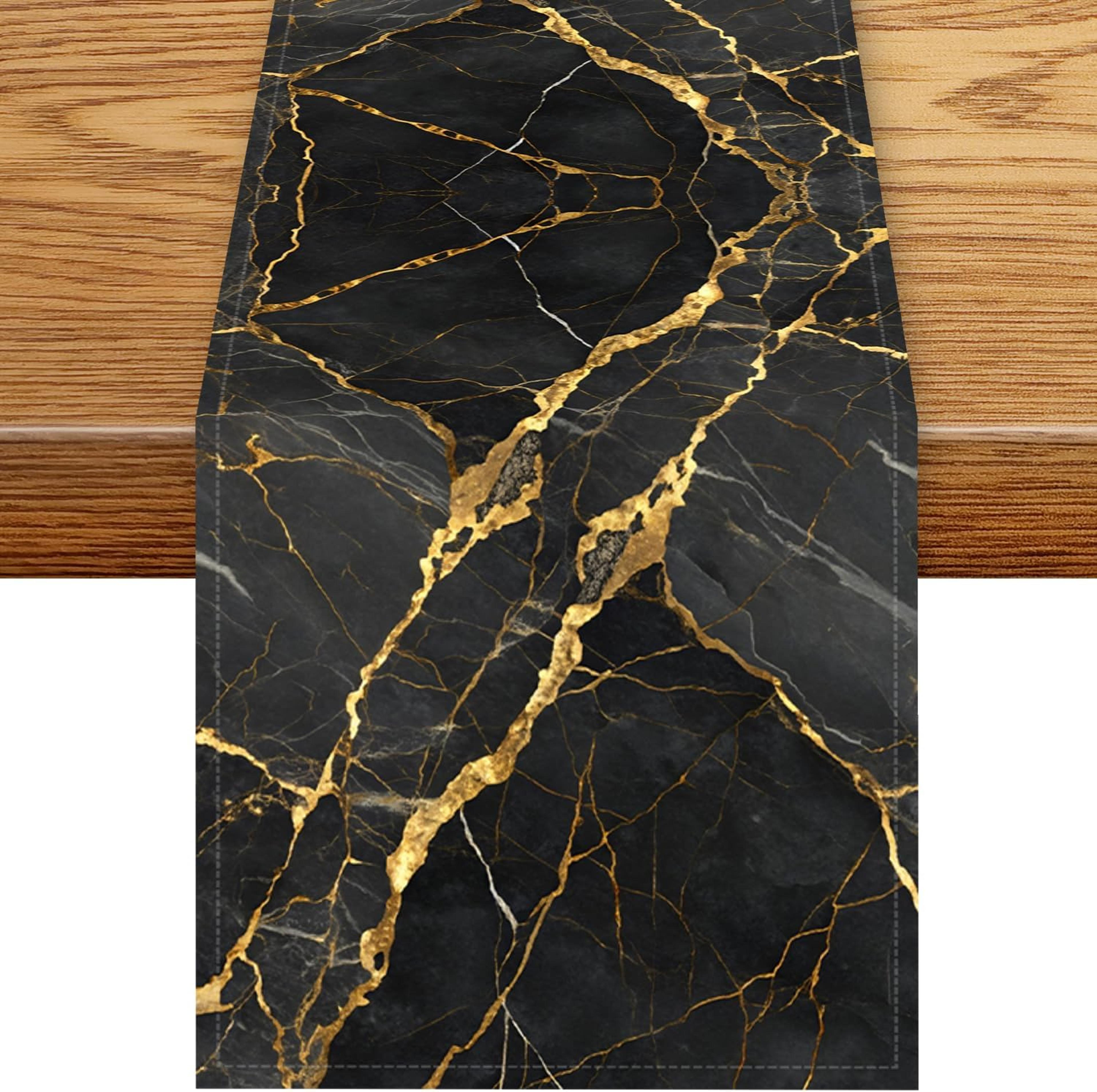 Elegant Black Gold Marble Linen Table Runner Reusable Dining  Holiday Decor 5