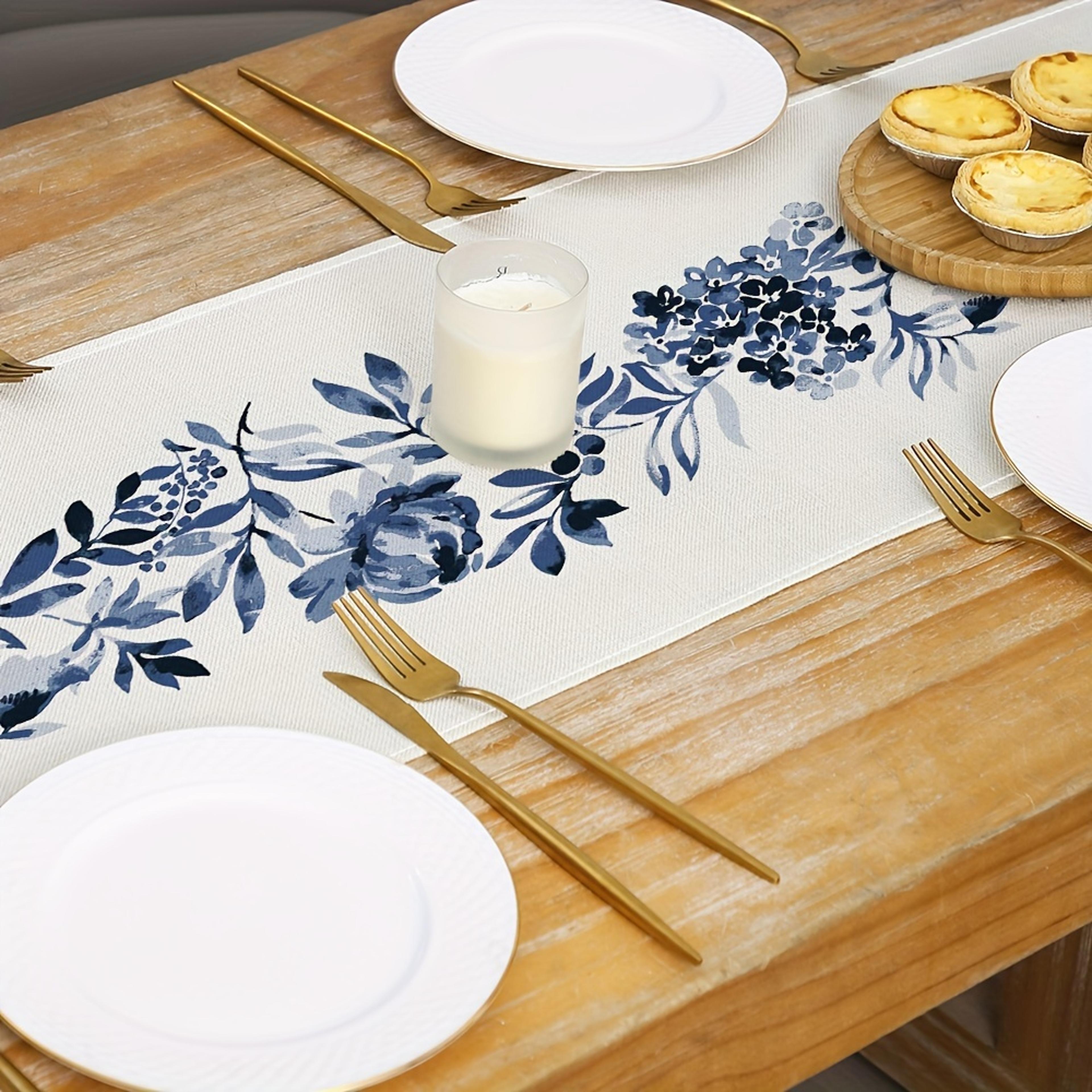 Boho Blue Floral Linen Table Runner Decor For Kitchen Dining  Wedding Table 3