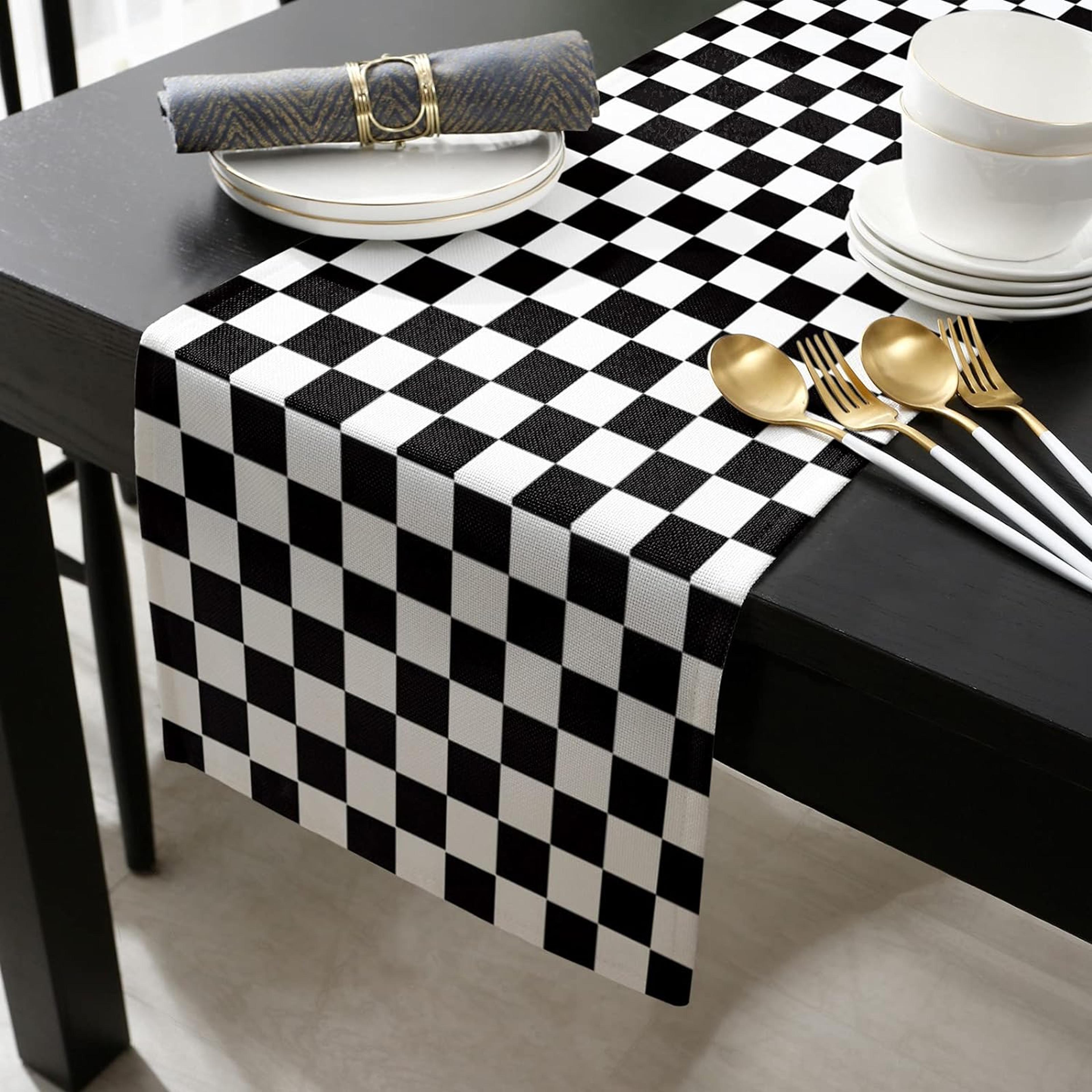 Black White Checkered Linen Table Runner Farmhouse Dining  Holiday Decor 1