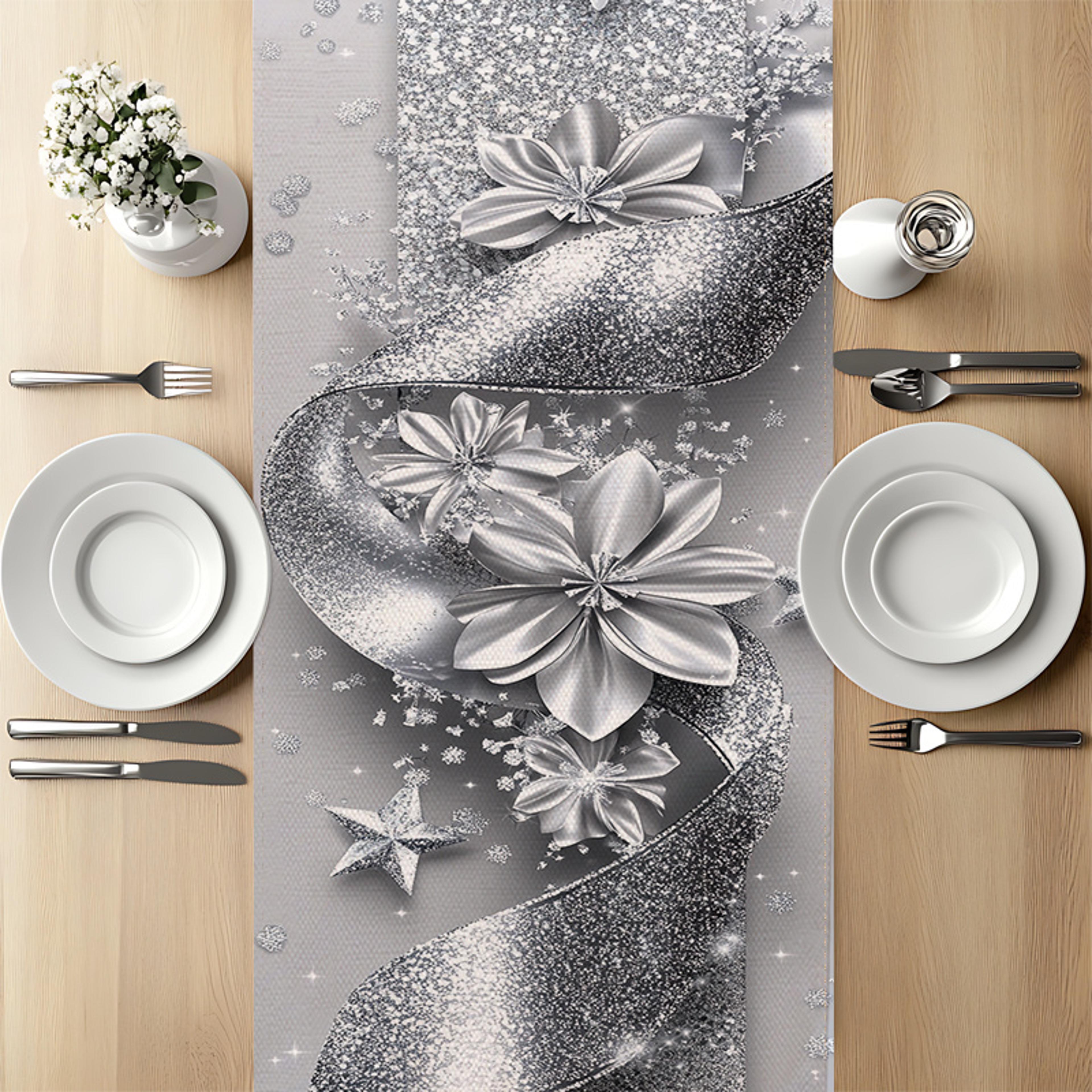 Shining Silver Christmas Table Runner With Flower And Star Holiday Design 3