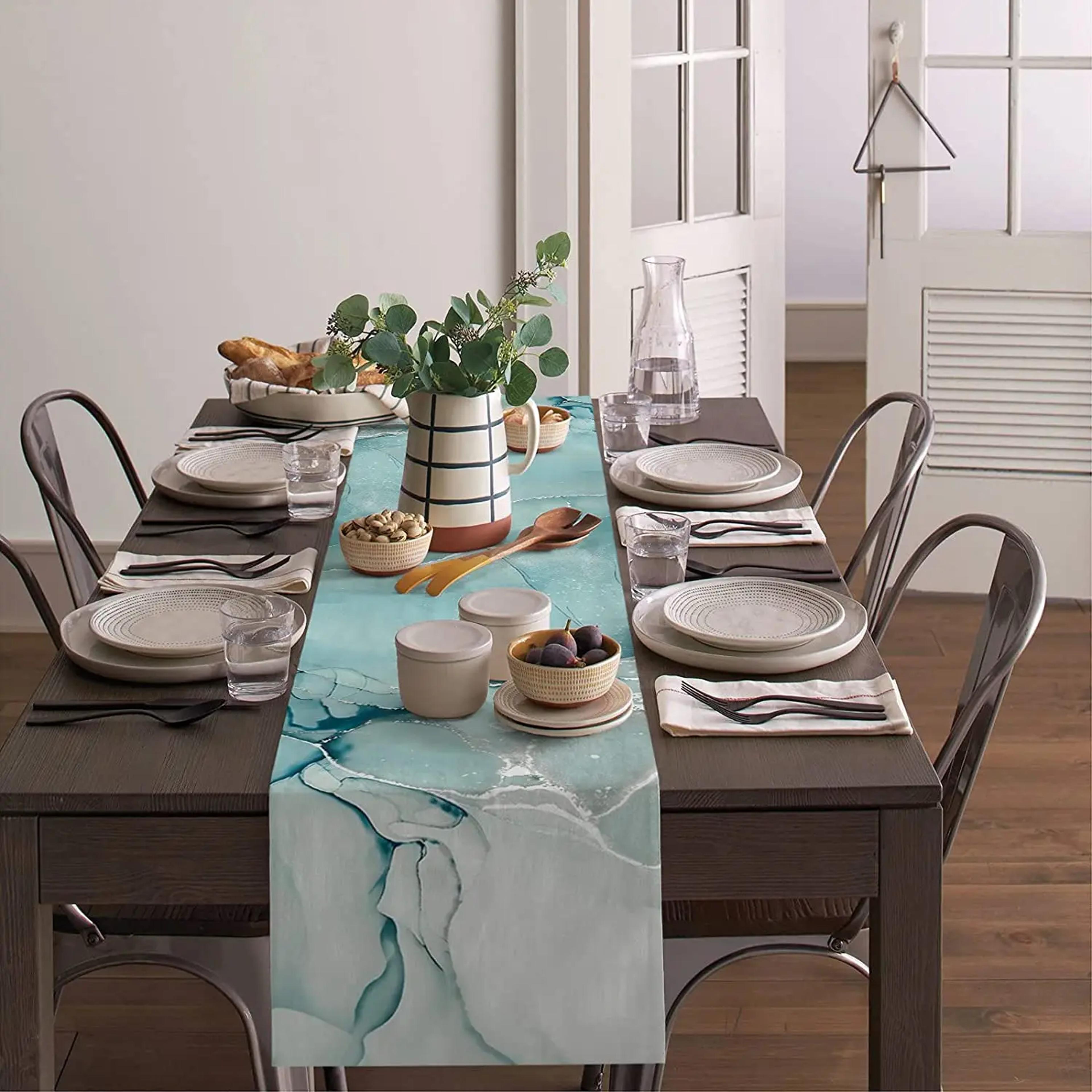 Marble Turquoise Linen Table Runner For Dining Table Decor 3