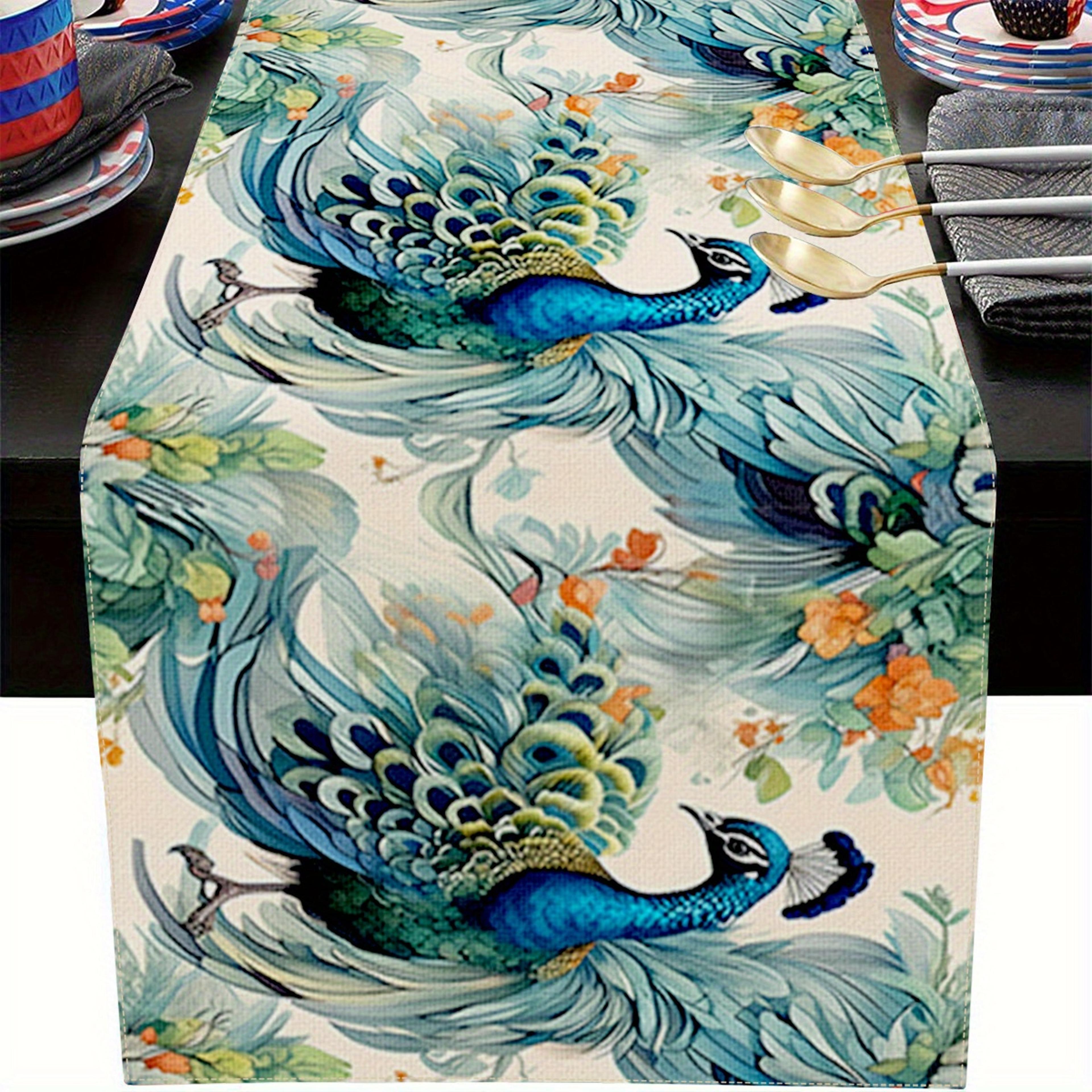 Peacock Ink Art Linen Table Runner For Elegant Chinese Dining Decor 5