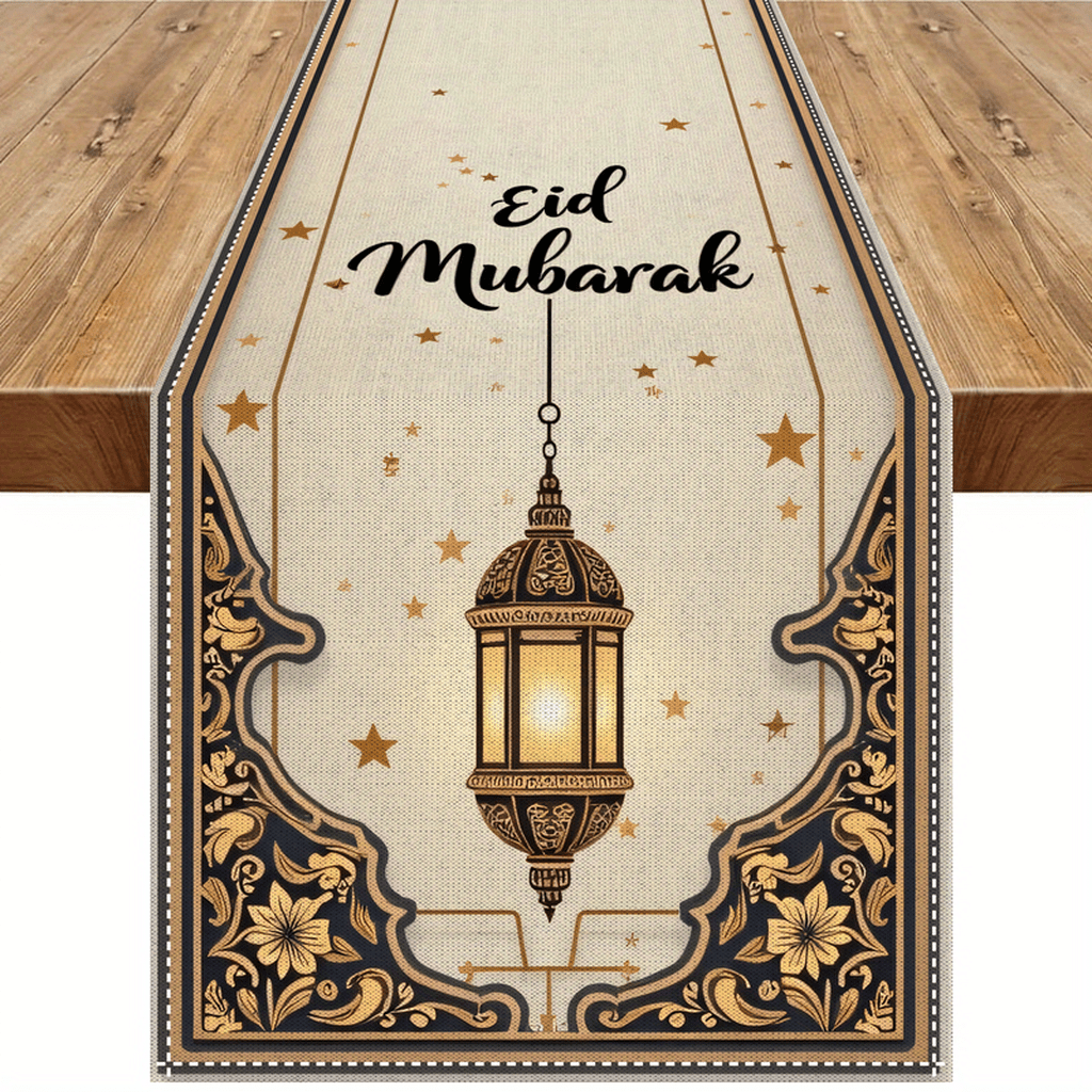 Ramadan Eid Mubarak Linen Table Runner With Gold Star Lantern Design 5