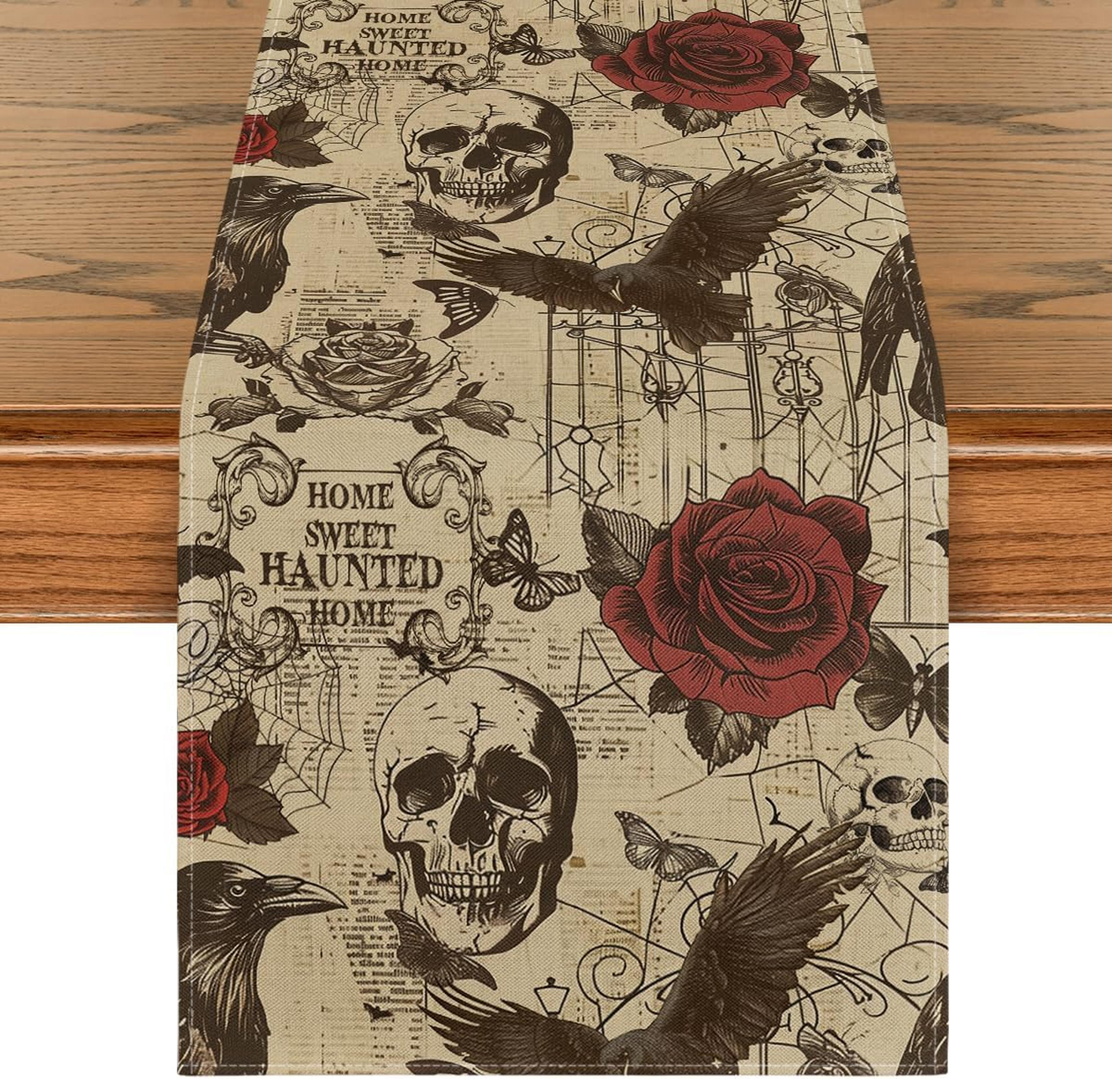 Gothic Skull Rose Halloween Table Runner For Spooky Dining Decor 0