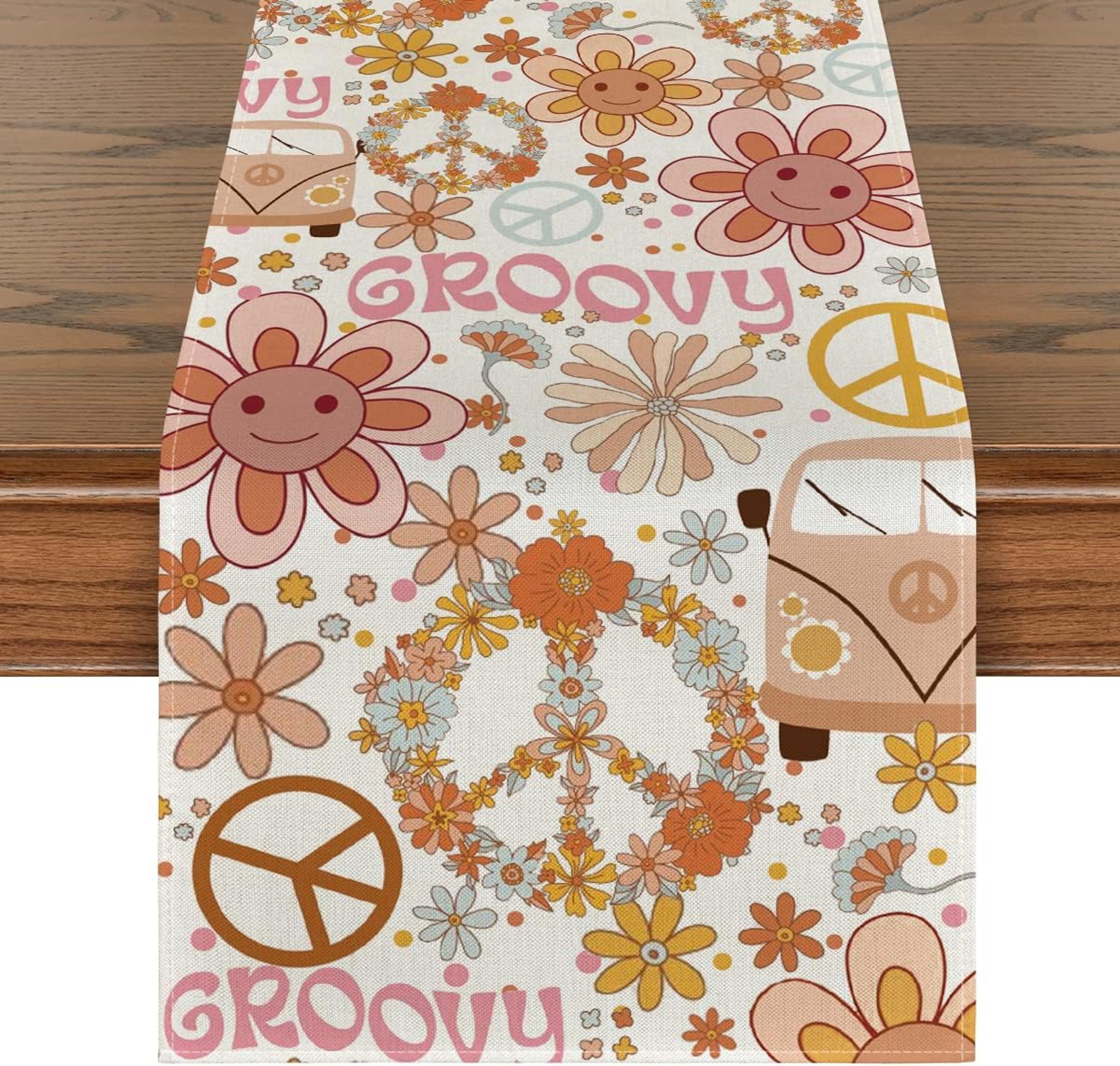 Groovy Daisy Hippie Table Runner For Retro Kitchen And Party Decor 6