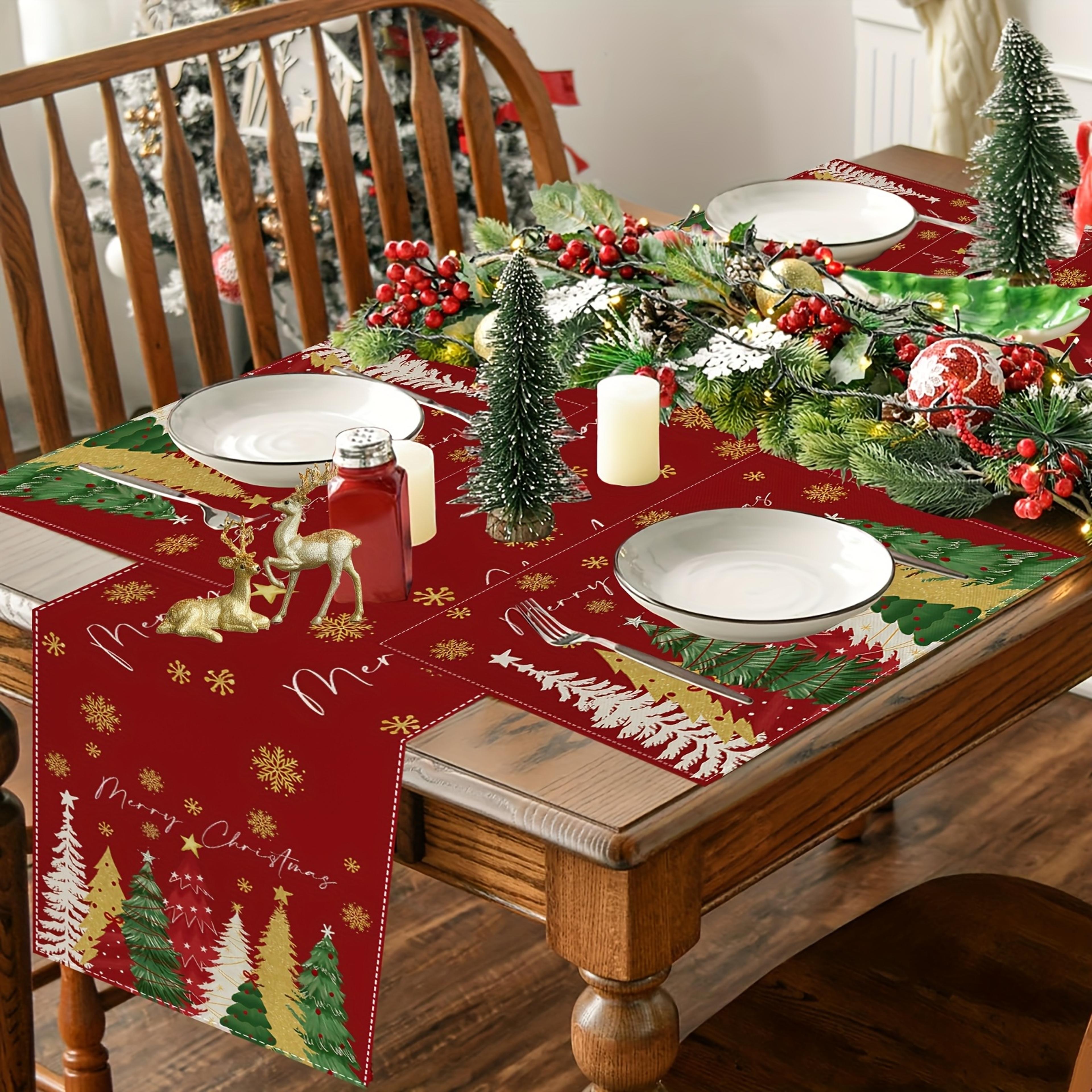christmas table runner with snowflake and tree print for holiday dining decor