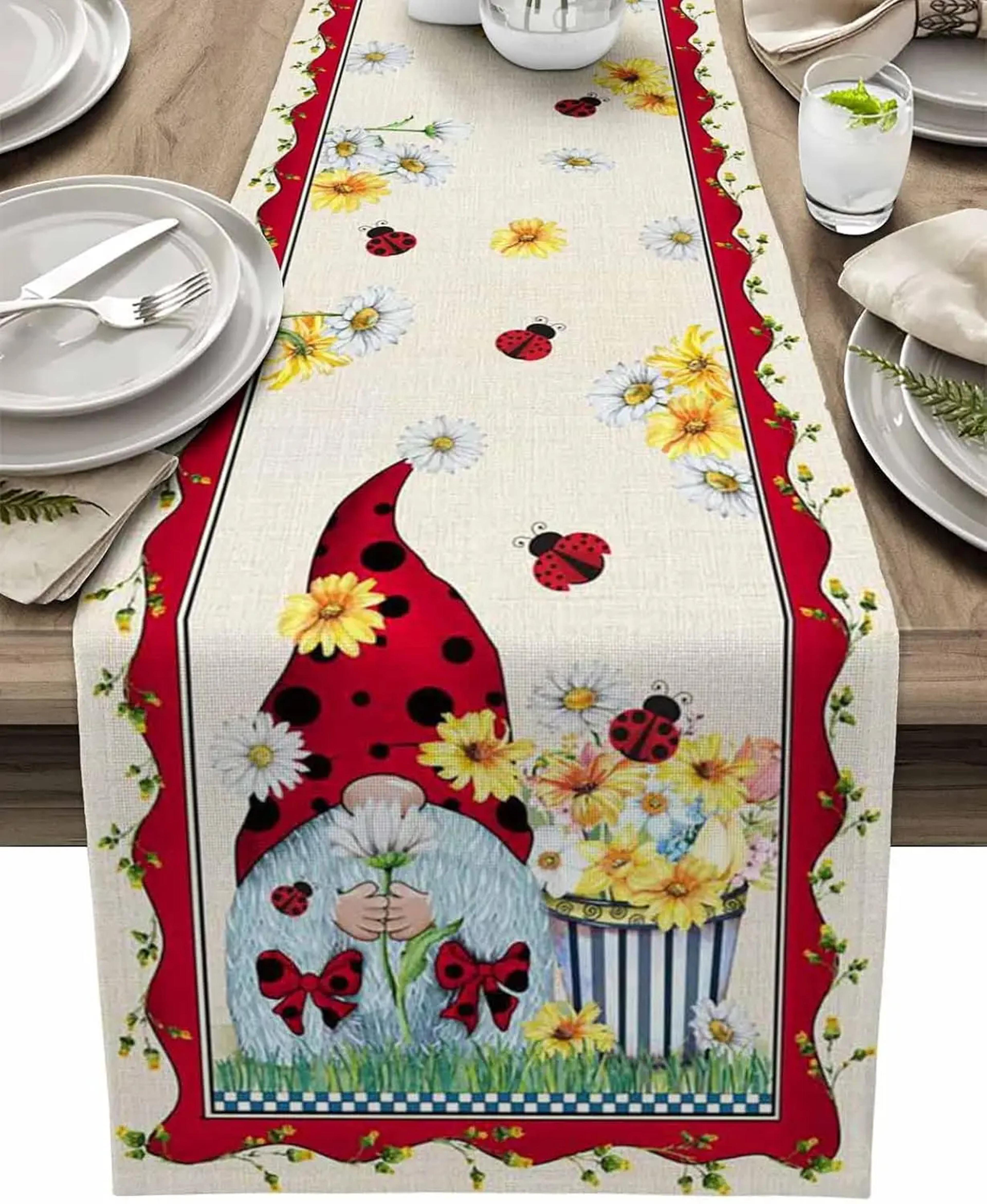 Spring Gnome Ladybug Linen Table Runner For Farmhouse Kitchen Decor 5