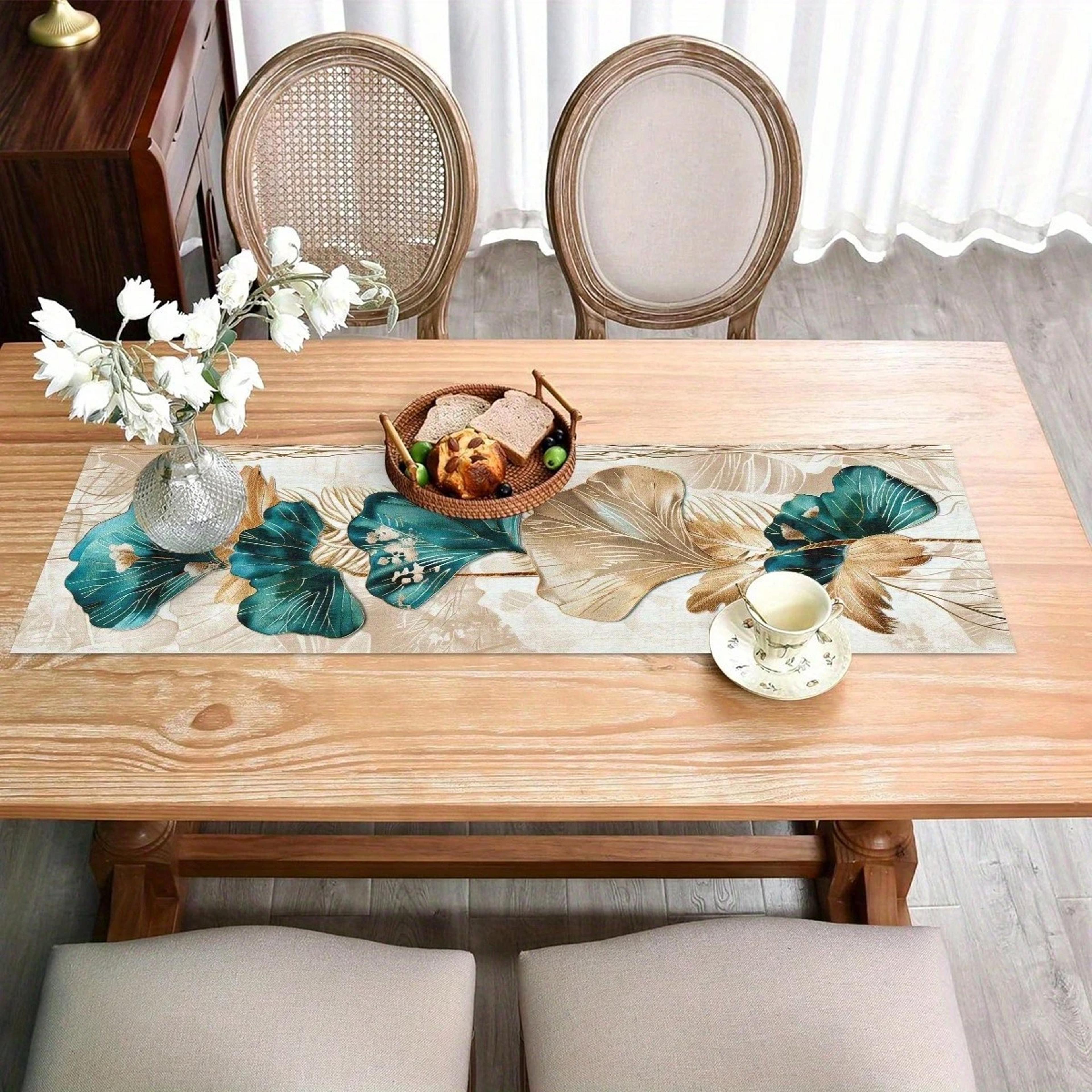 Ginkgo Leaf Teal Table Runner Linen Botanical Dining Table Decor 1
