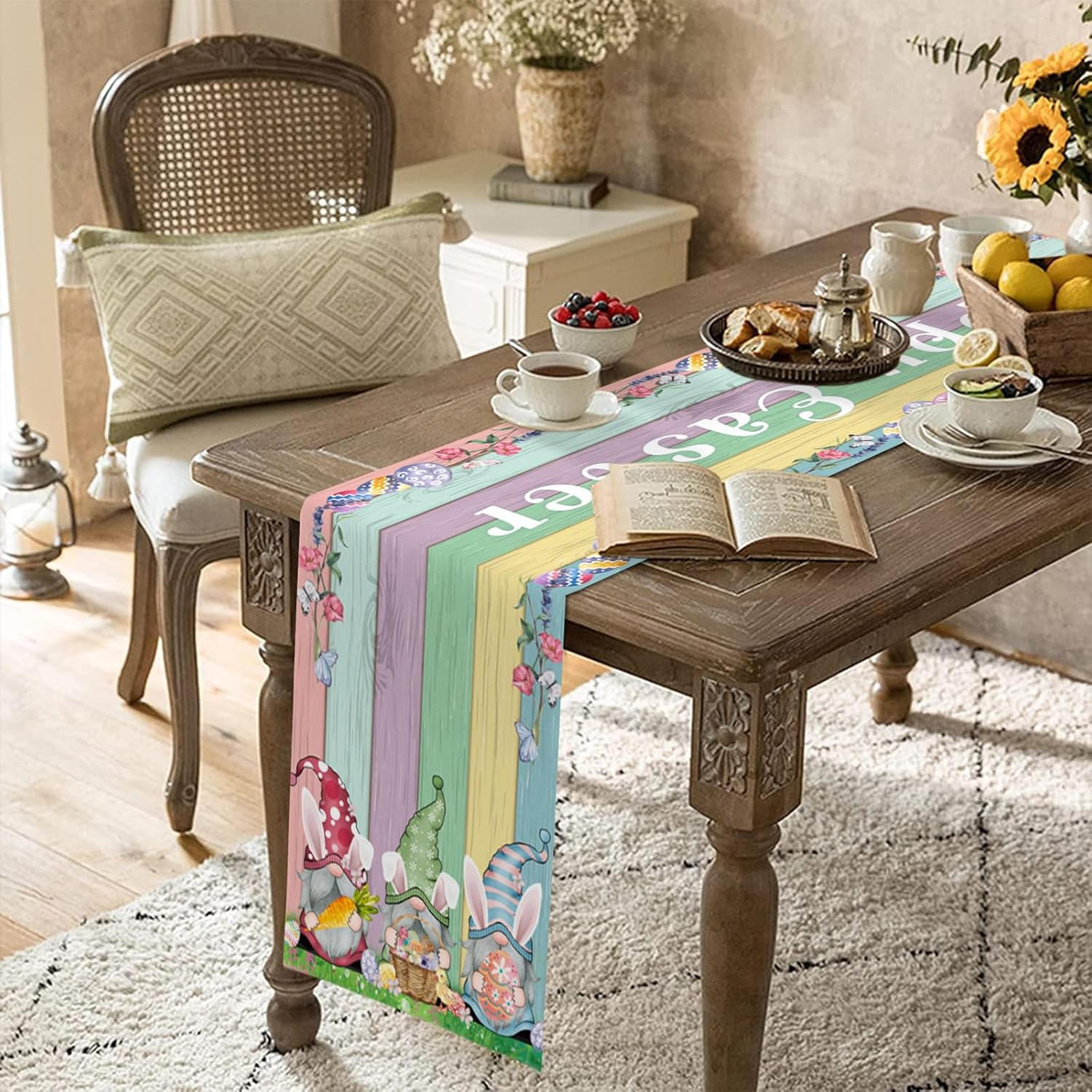Farmhouse Easter Linen Table Runner With Gnomes Eggs  Rabbit Ears Spring Holiday Decor 2
