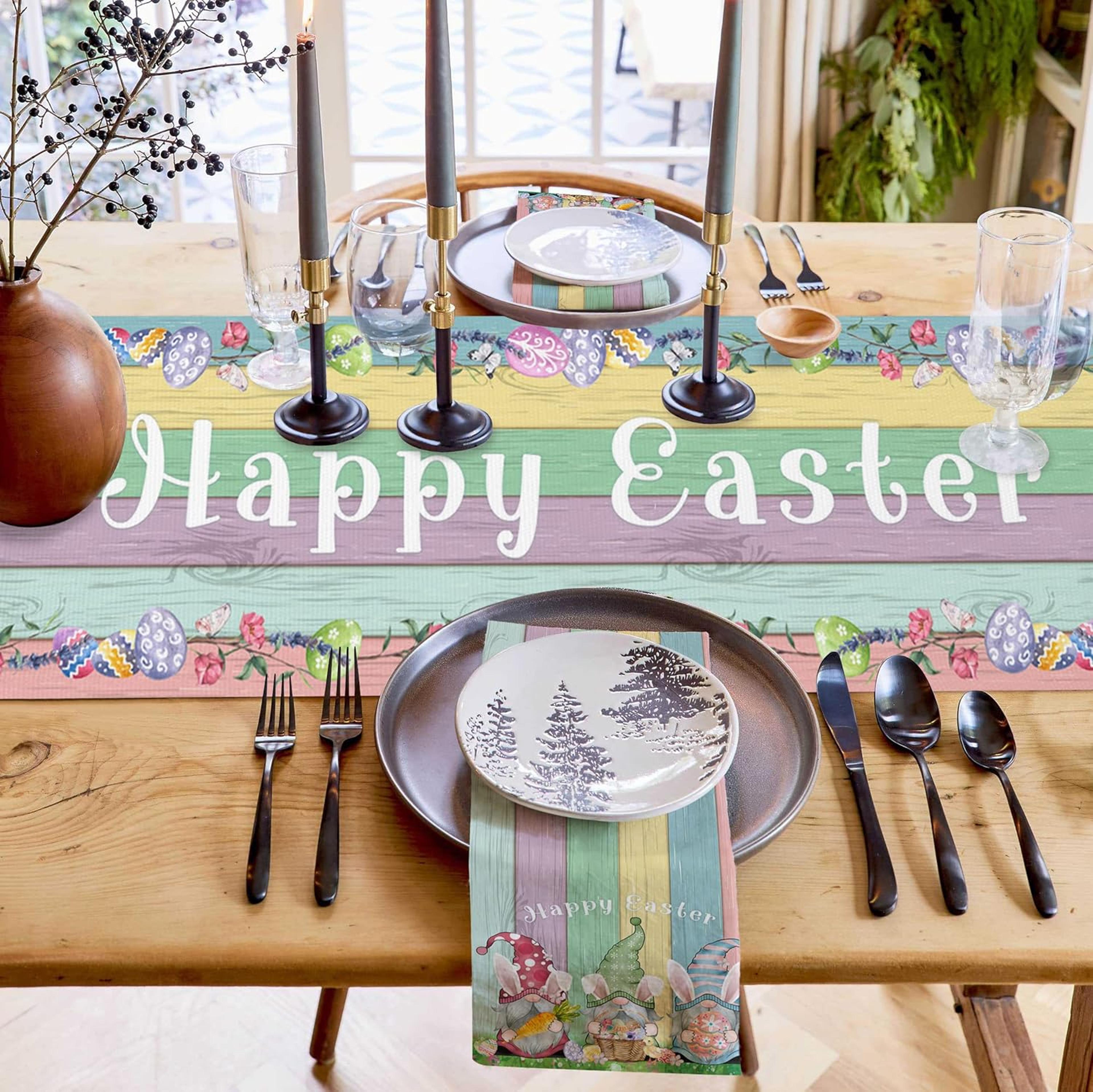 Farmhouse Easter Linen Table Runner With Gnomes Eggs  Rabbit Ears Spring Holiday Decor 3