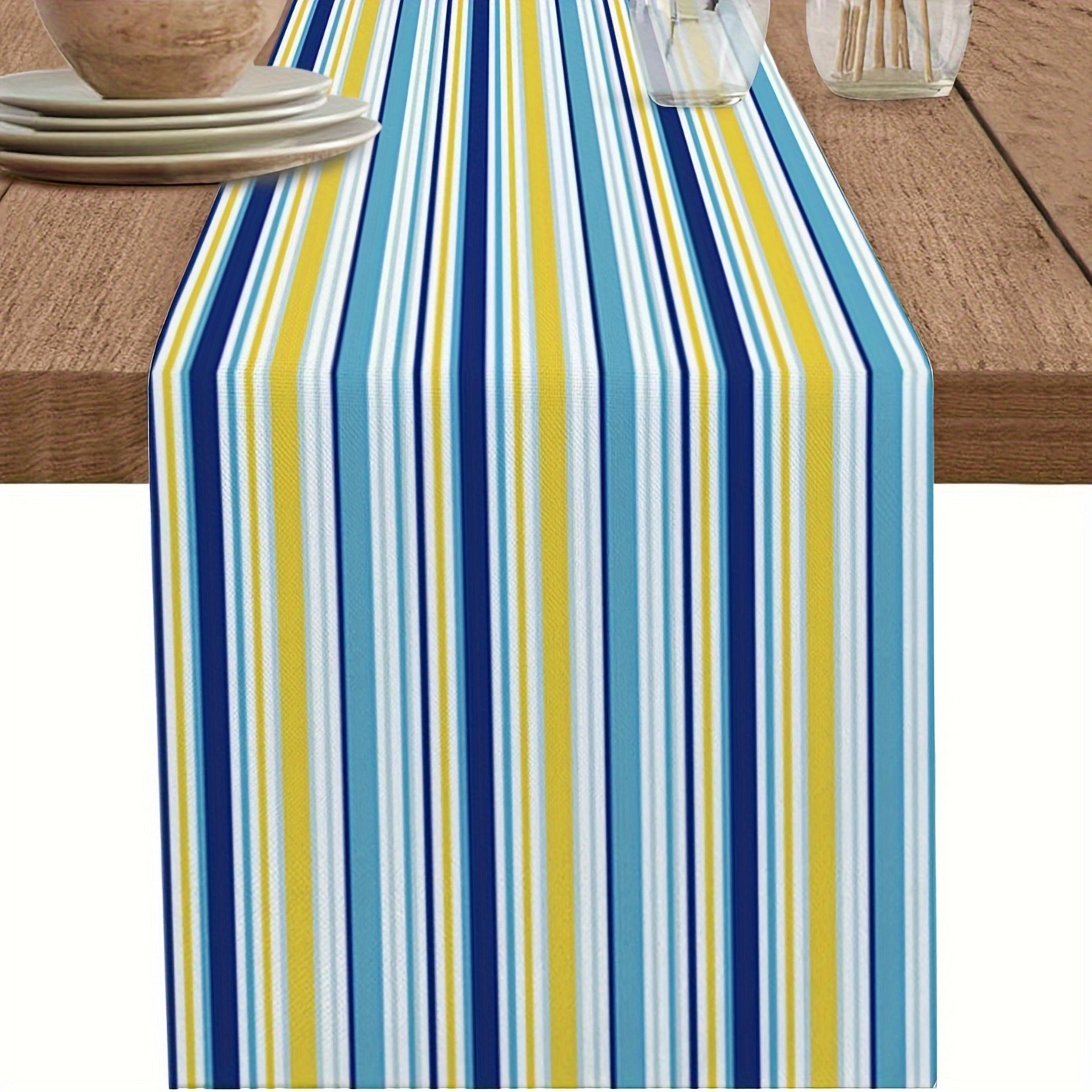 vintage blue & yellow linen table runner farmhouse striped design for dining & kitchen