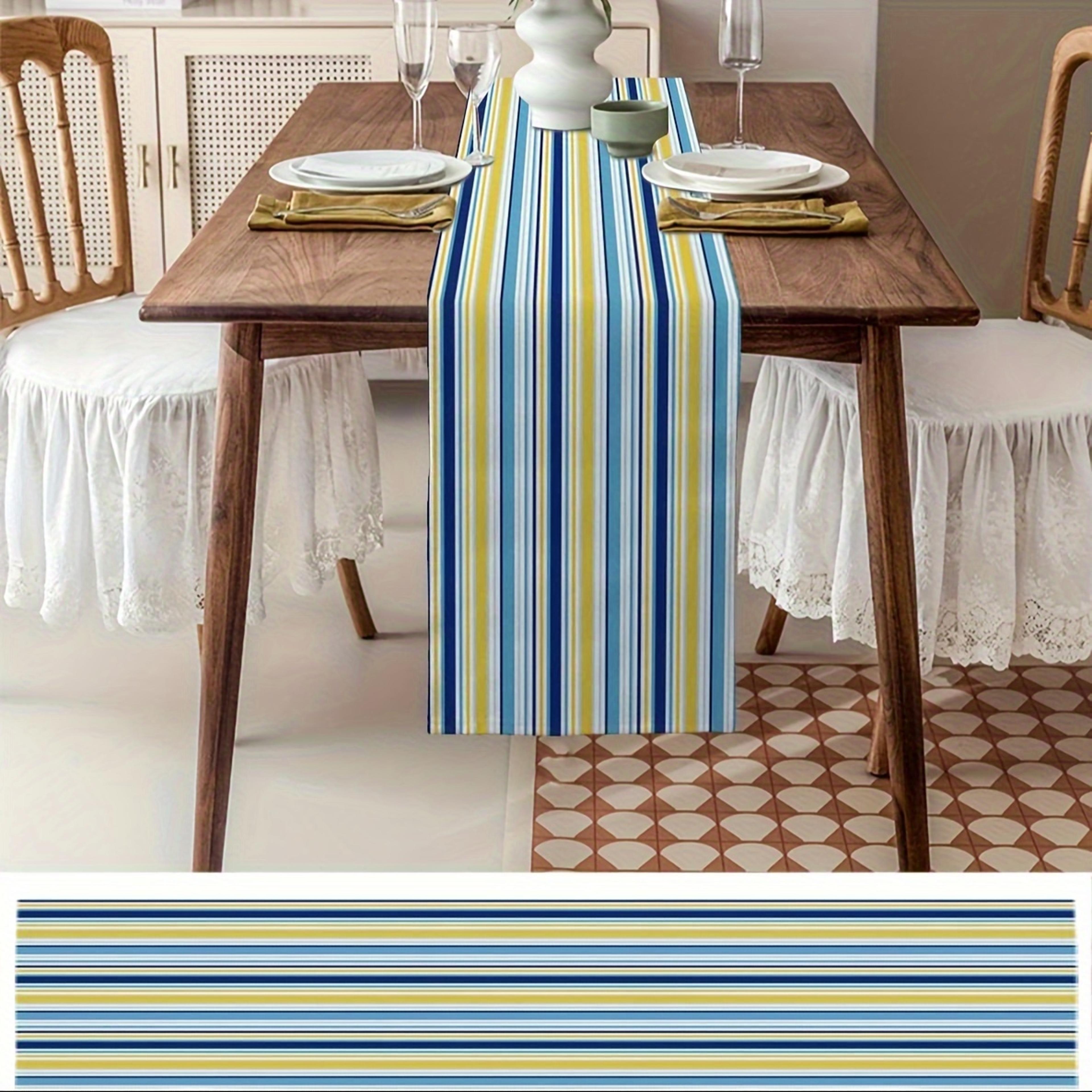 Vintage Blue  Yellow Linen Table Runner Farmhouse Striped Design For Dining  Kitchen 1