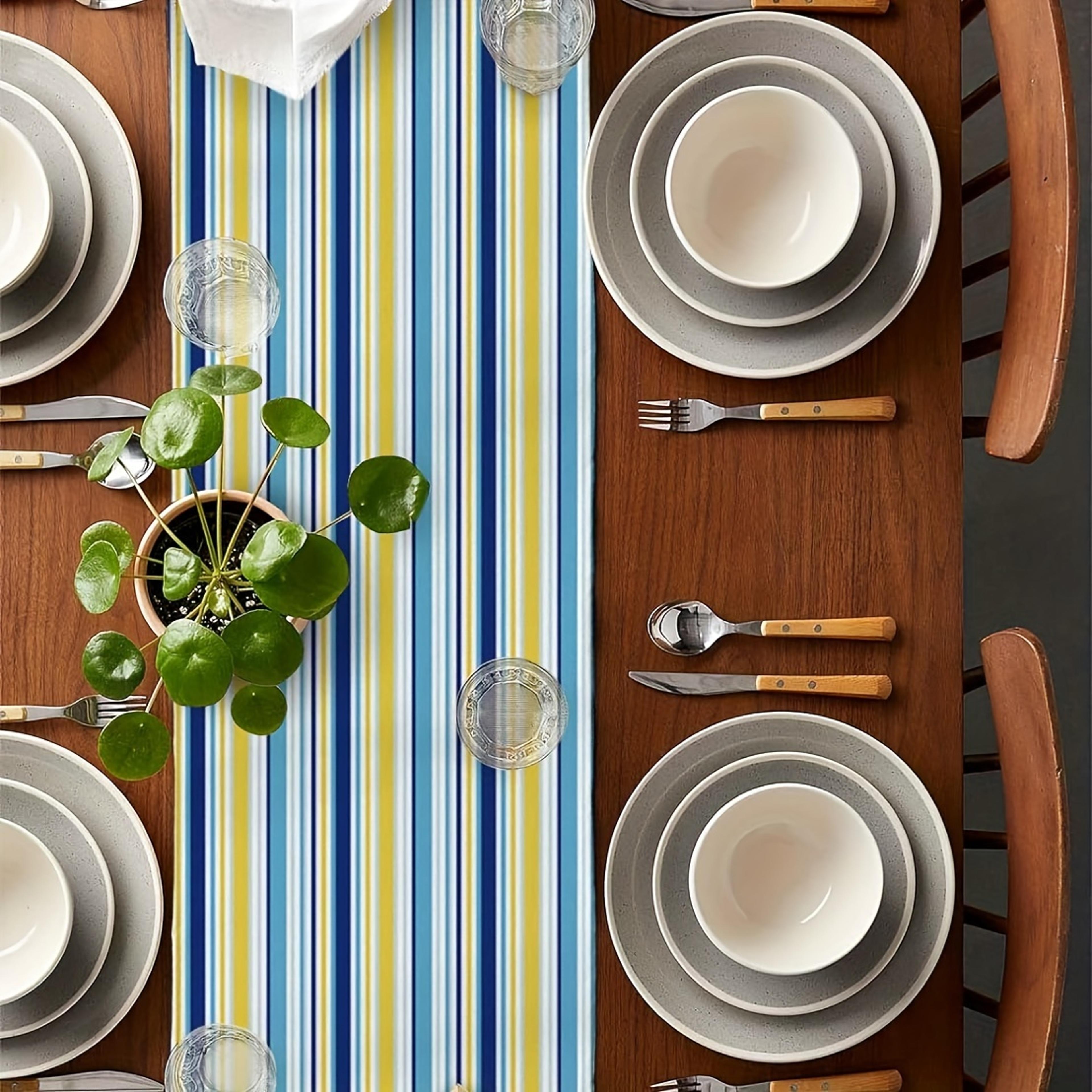 Vintage Blue  Yellow Linen Table Runner Farmhouse Striped Design For Dining  Kitchen 3