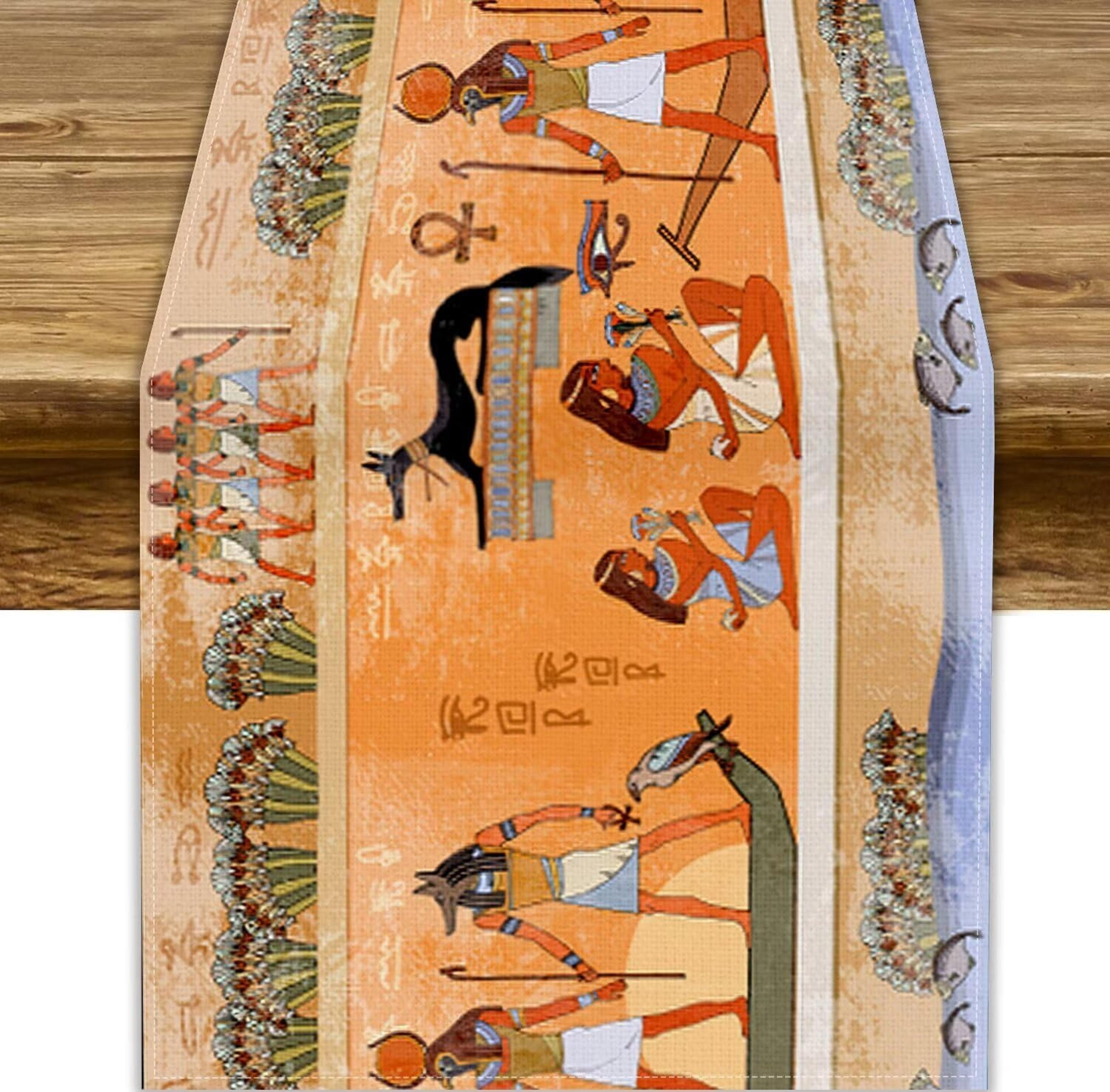 ancient egypt linen table runner with pharaoh and hieroglyphic design