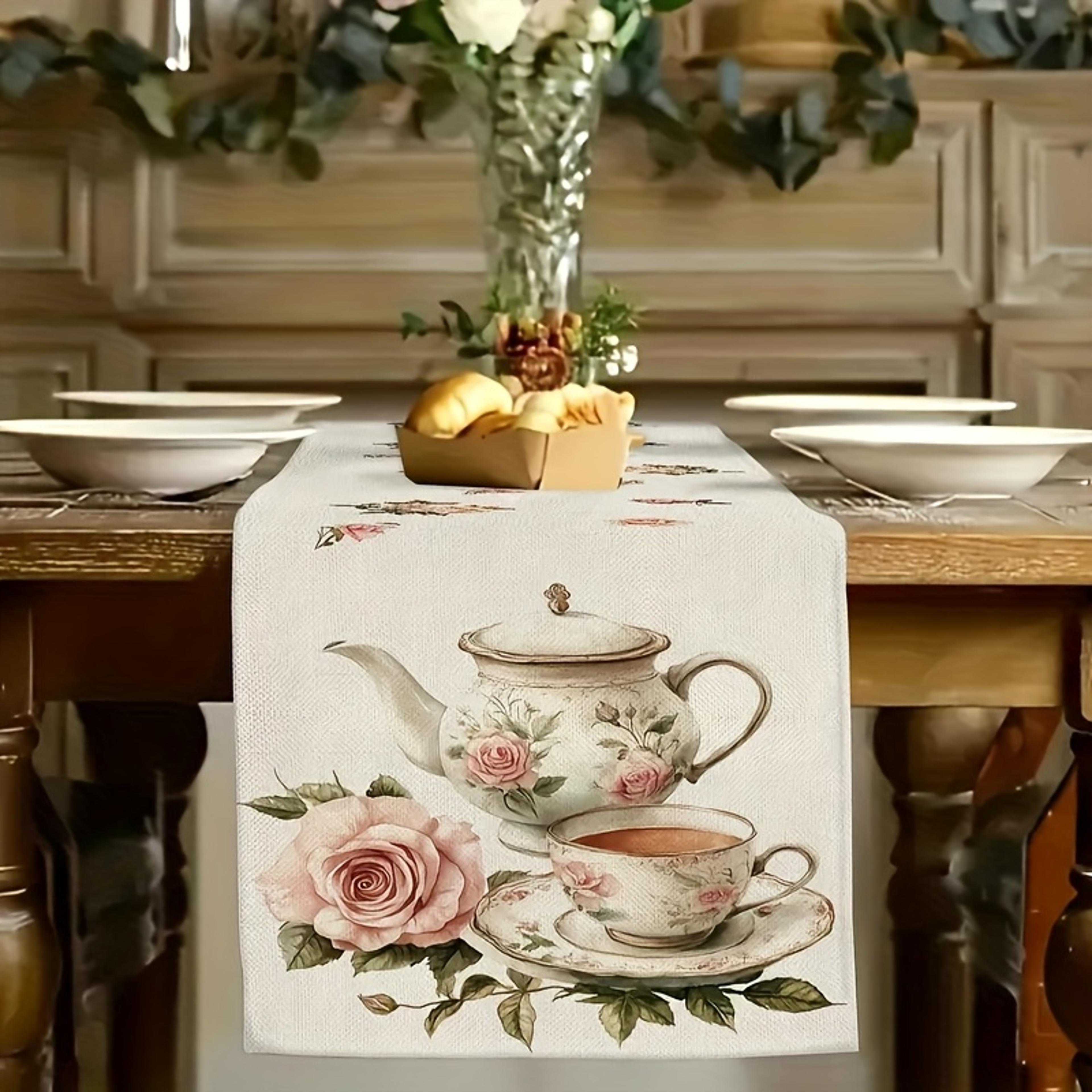Retro British Table Runner With Delicate Tea Sets  Pink Rose Pattern Elegant Home  Party Decor 1