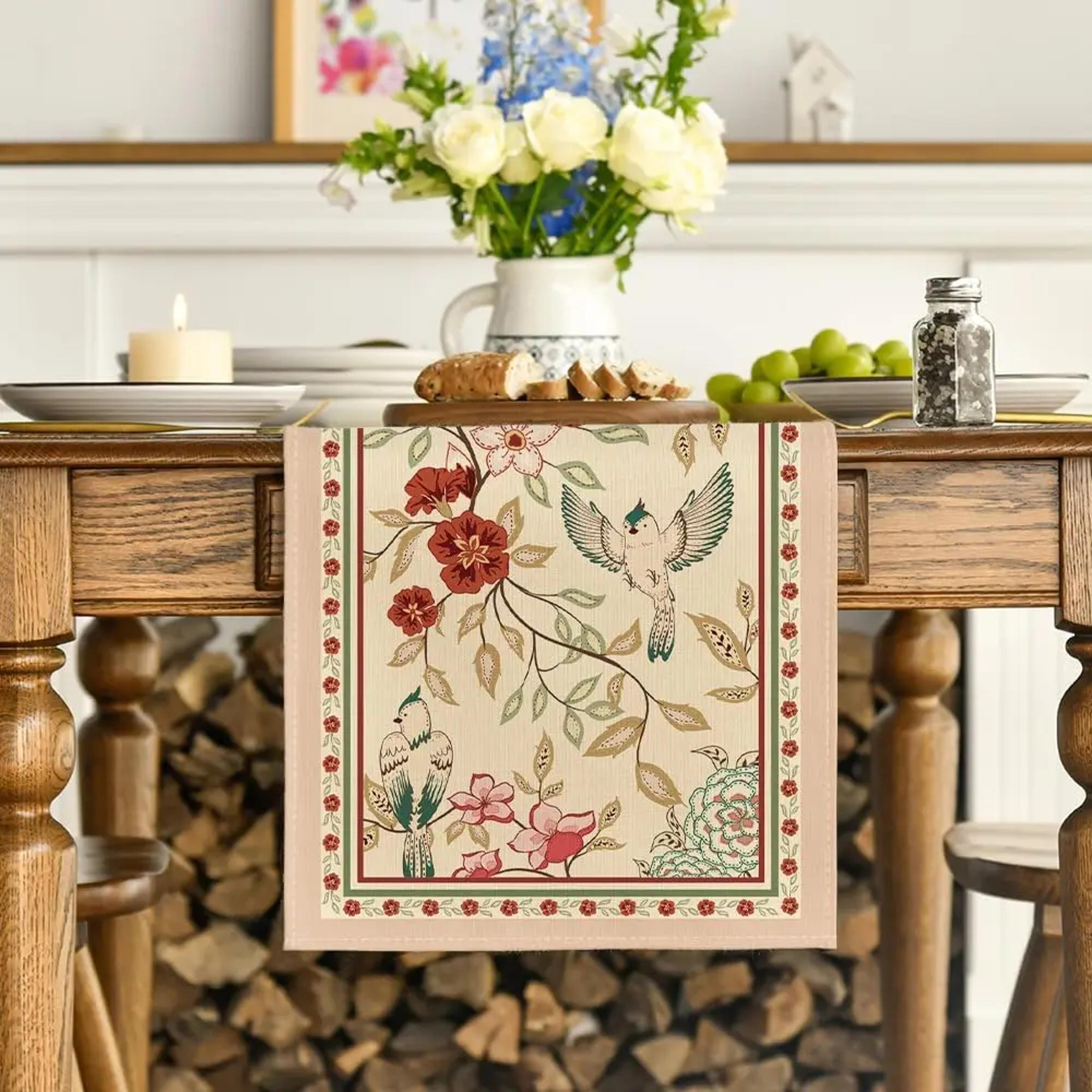 Elegant Floral  Bird Print Table Runner Classic Nature Inspired Dining Table Decor 1