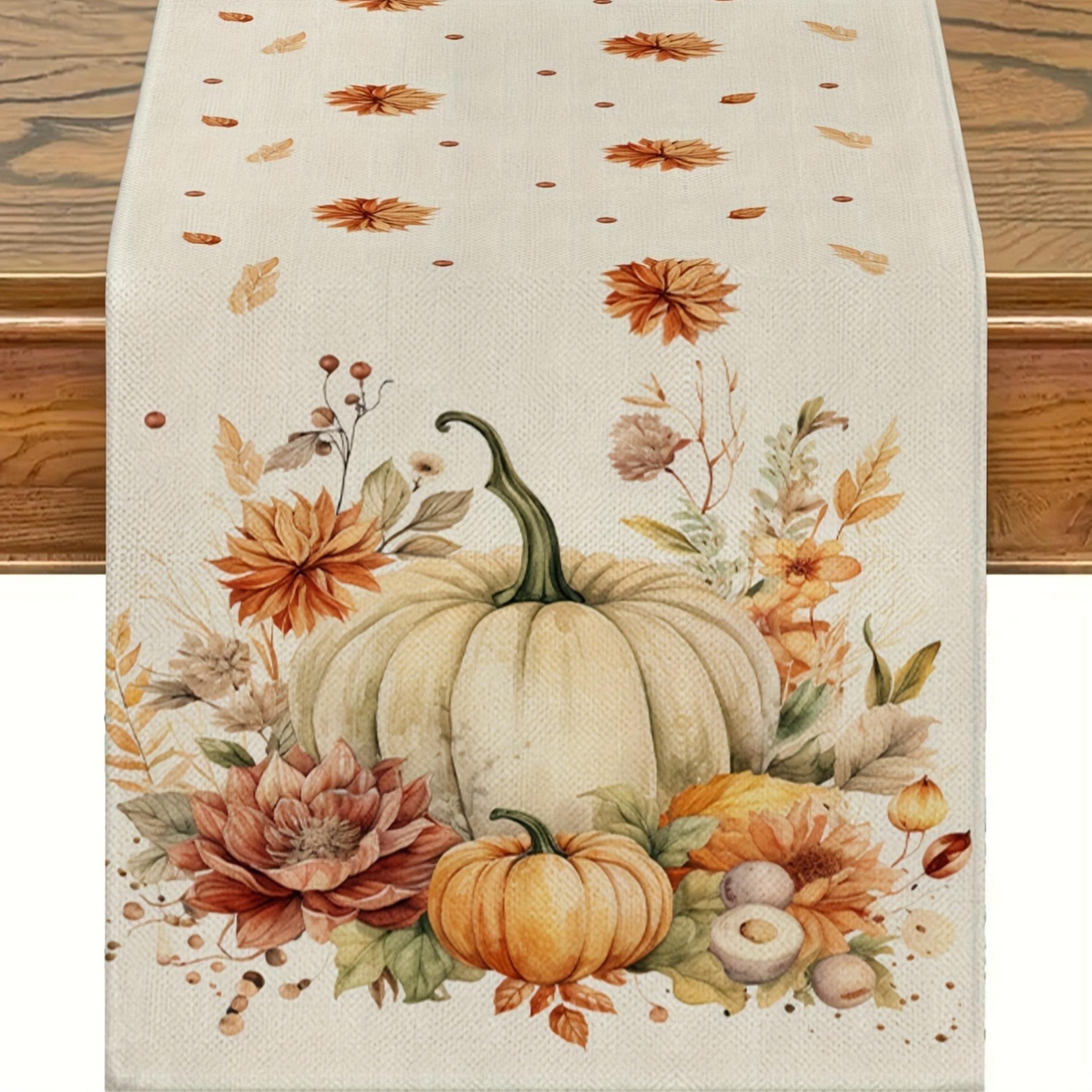 Autumn Harvest Table Runner Pumpkin  Leaves Decorative Linen For Home  Parties 5
