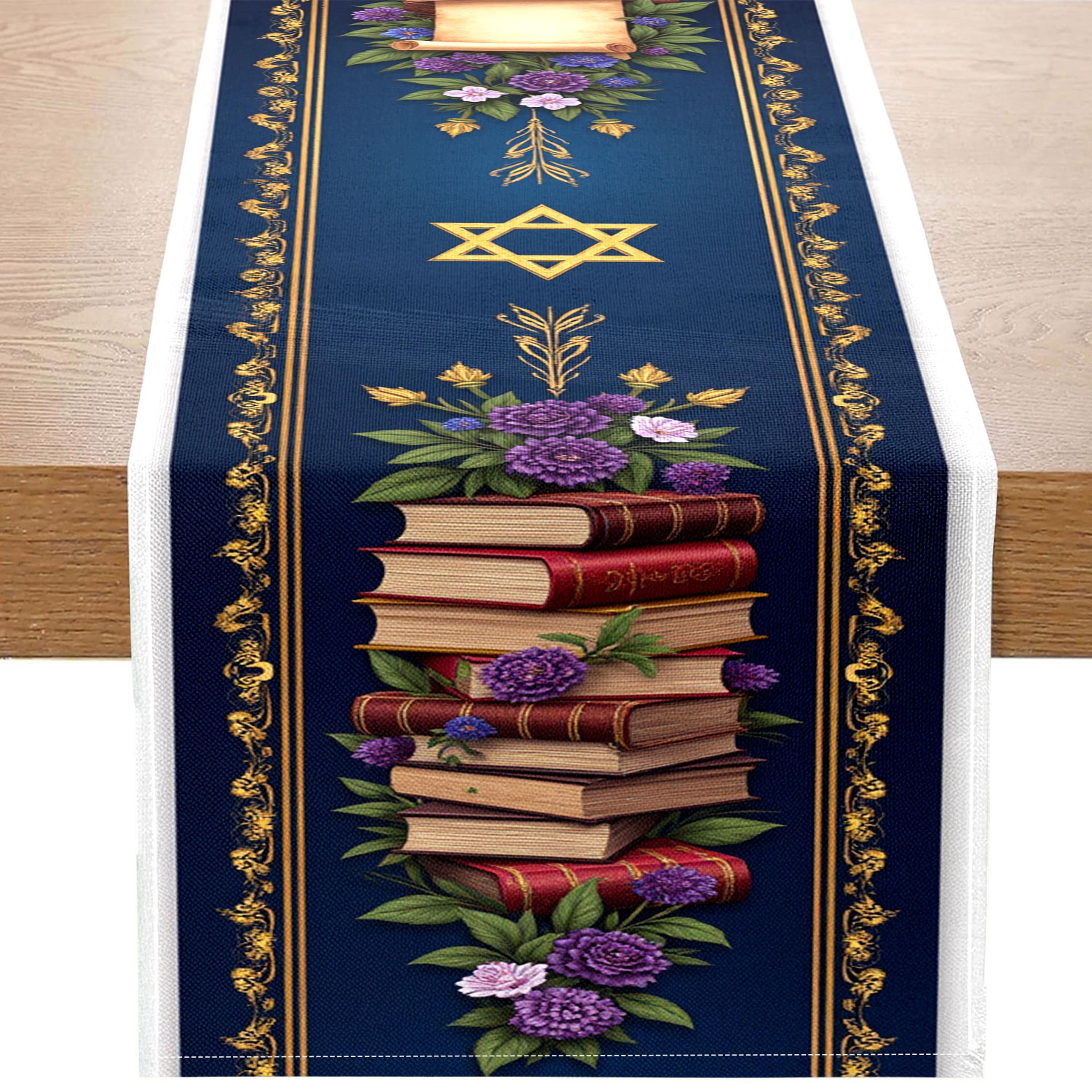 elegant jewish table runner with star of david, books & wine design holiday table decor accent