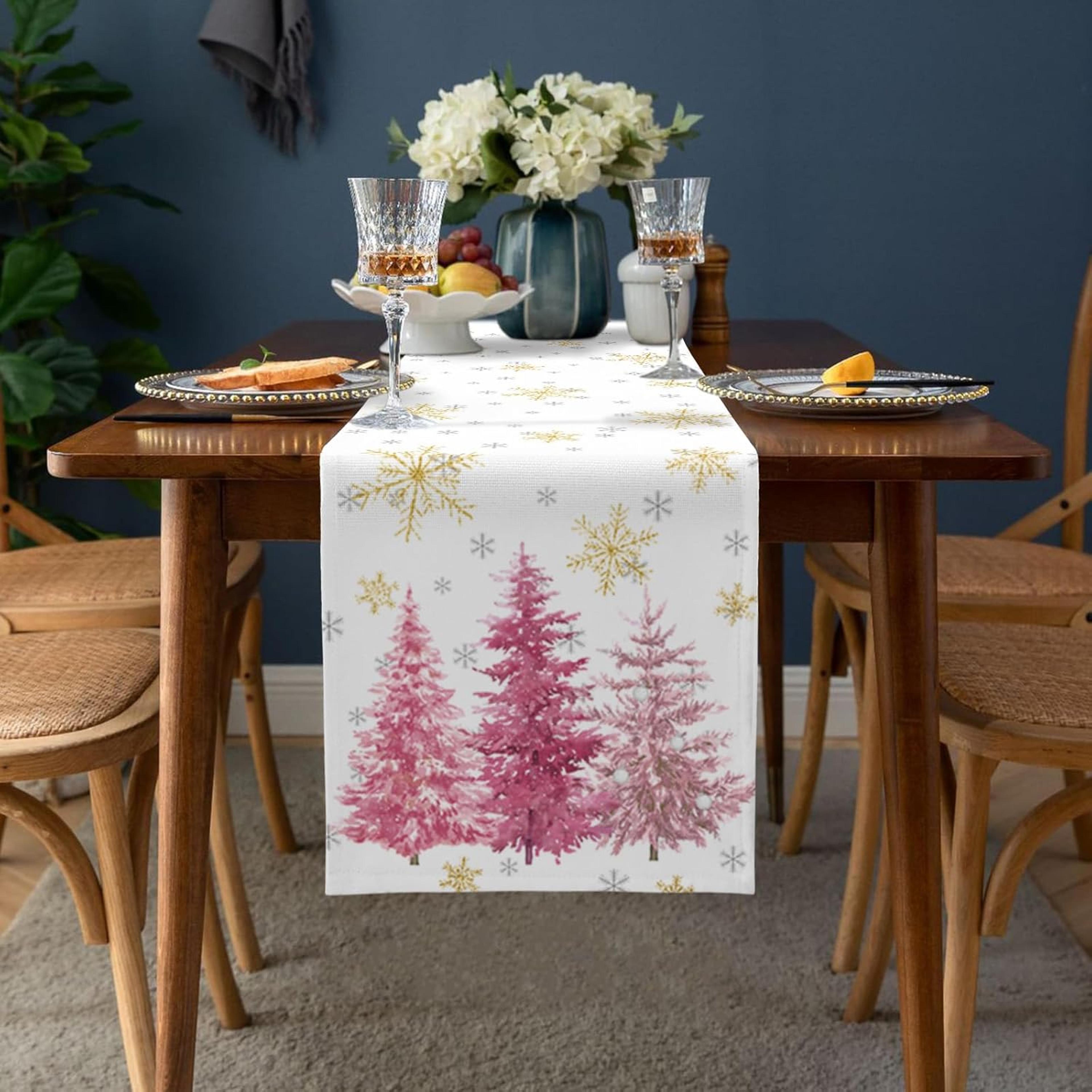 Premium Pink Christmas Linen Table Runner With Pine Tree  Gold Snowflake Holiday Dining Decor 1