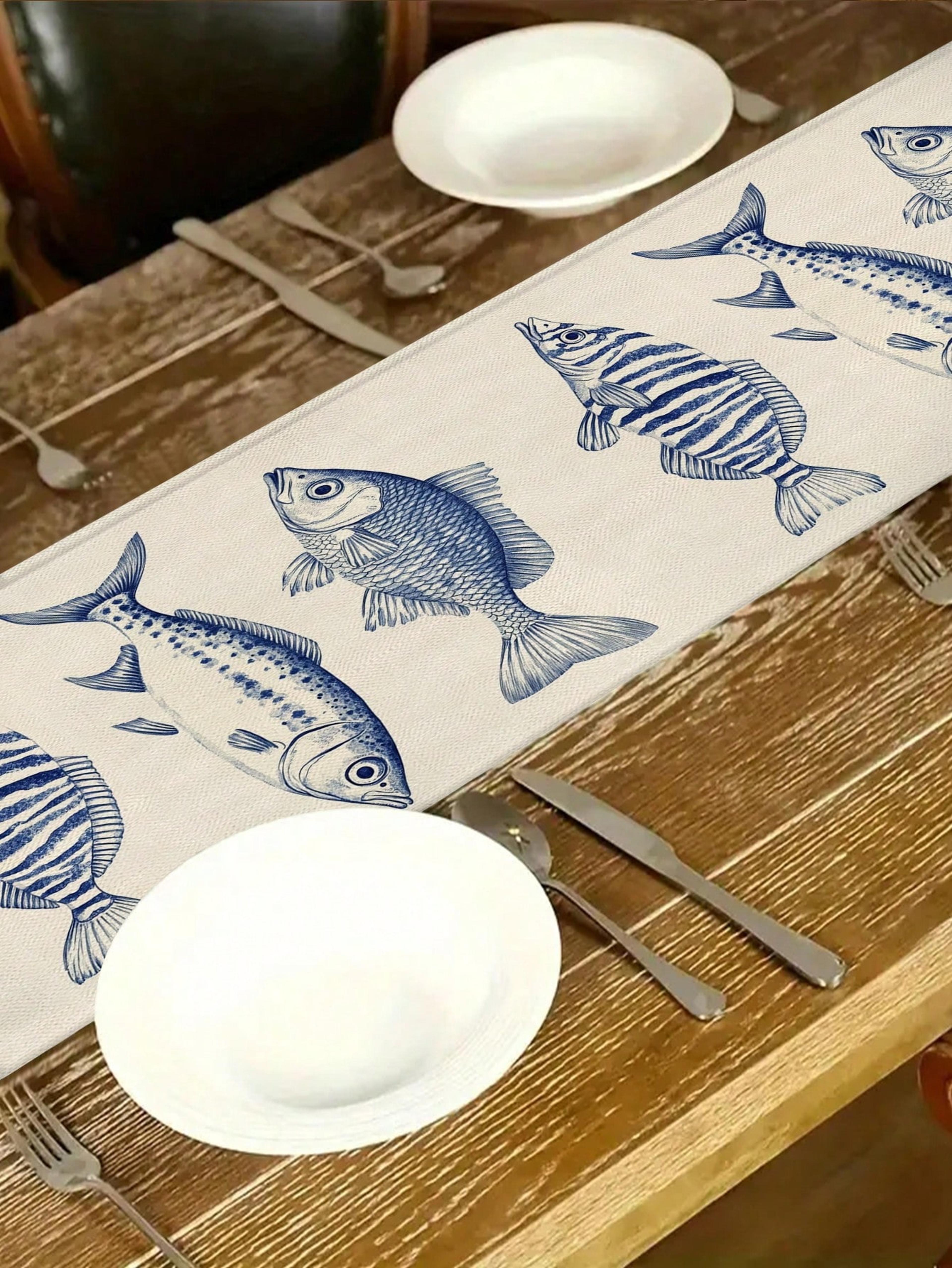 Elegant Nautical Table Runner With Marine Fish Pattern Coastal Dining Decor For Seaside Homes 1