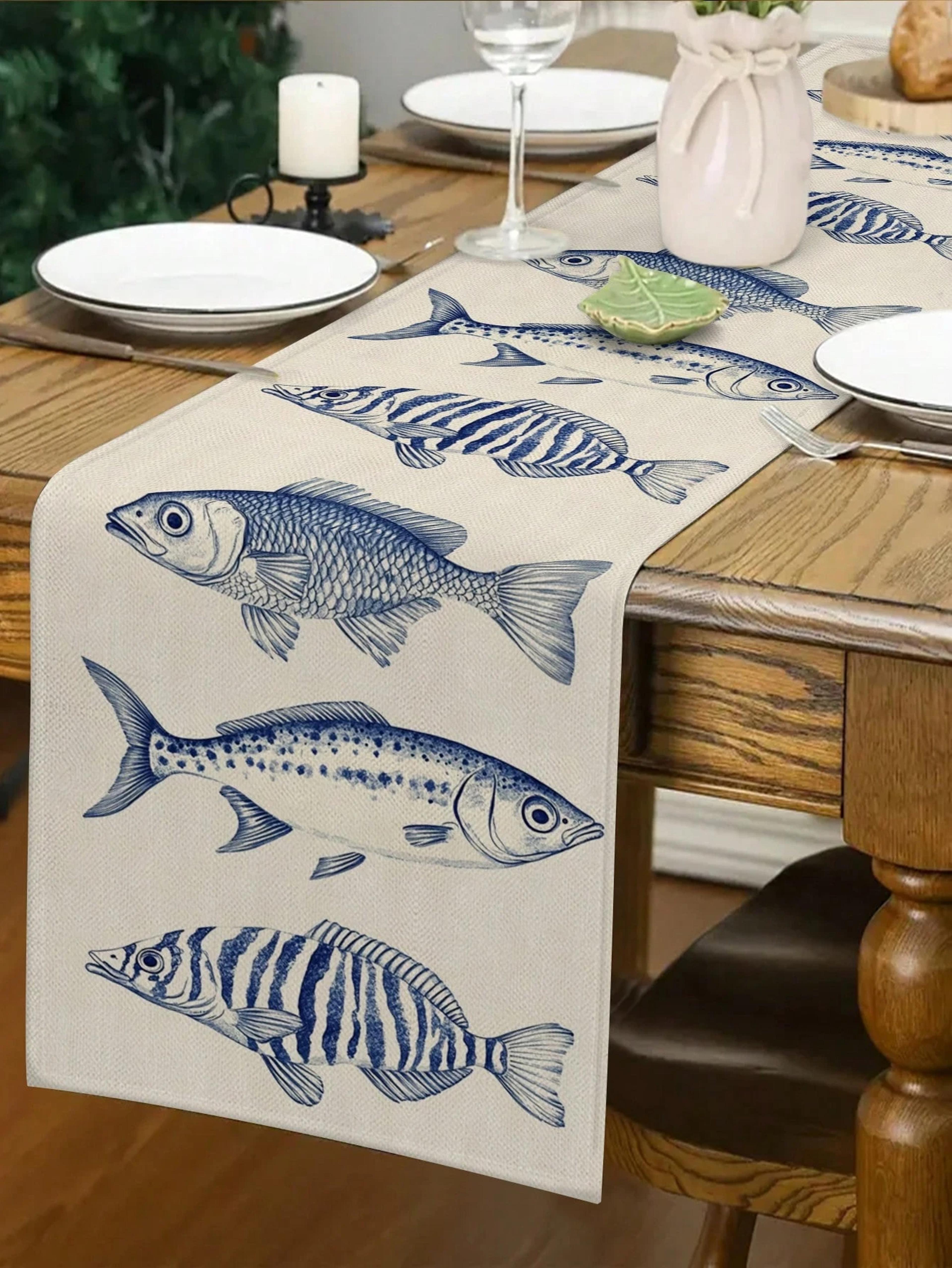 Elegant Nautical Table Runner With Marine Fish Pattern Coastal Dining Decor For Seaside Homes 2