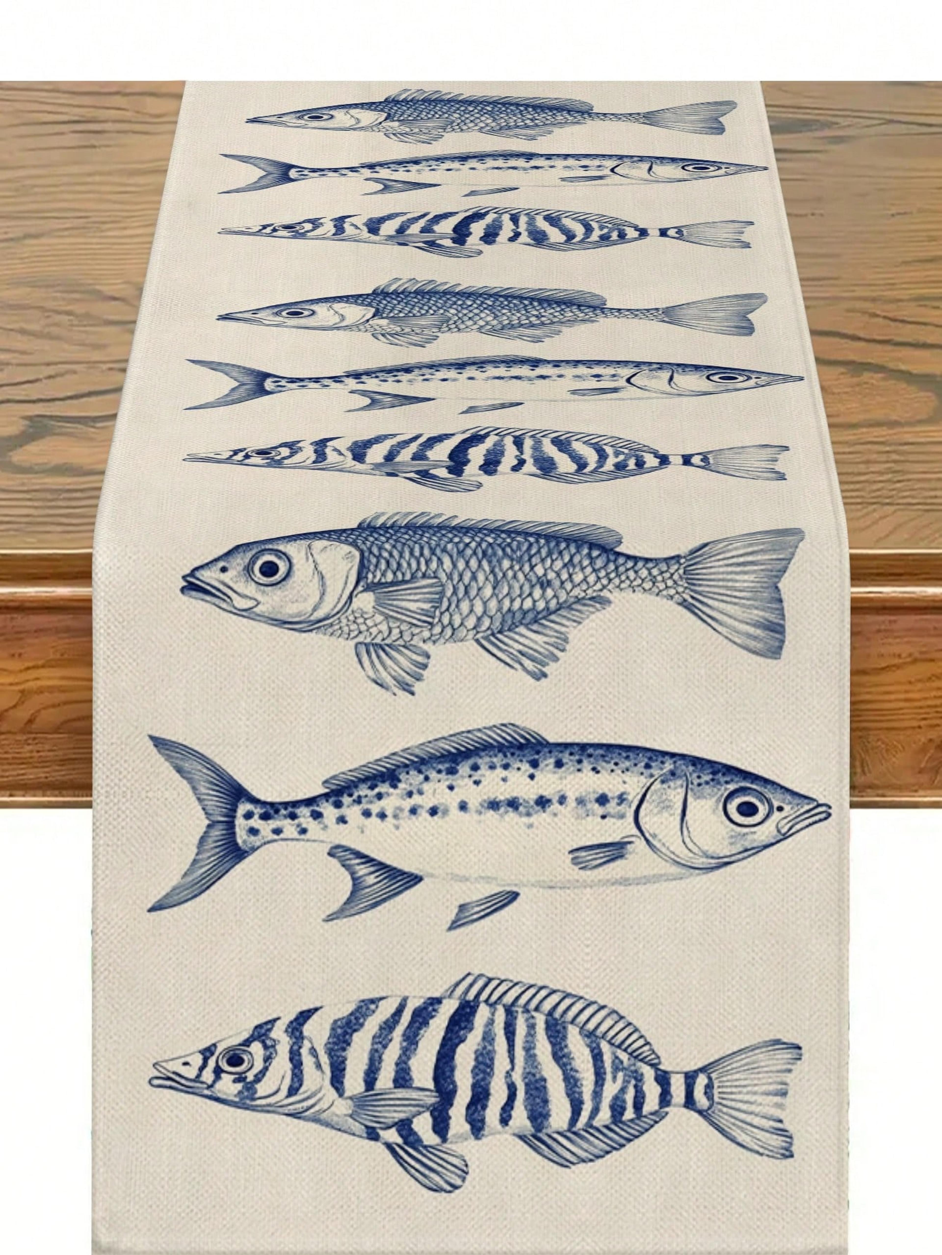 Elegant Nautical Table Runner With Marine Fish Pattern Coastal Dining Decor For Seaside Homes 5