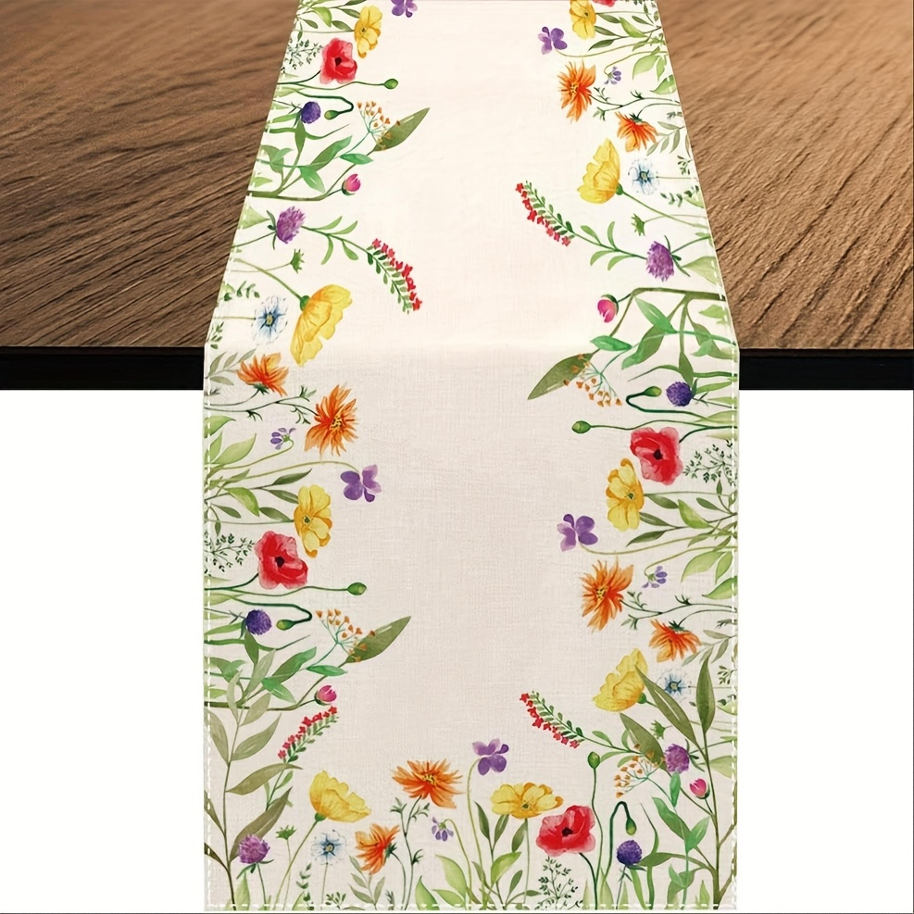 watercolor wildflower linen table runner for spring dining and wedding decor