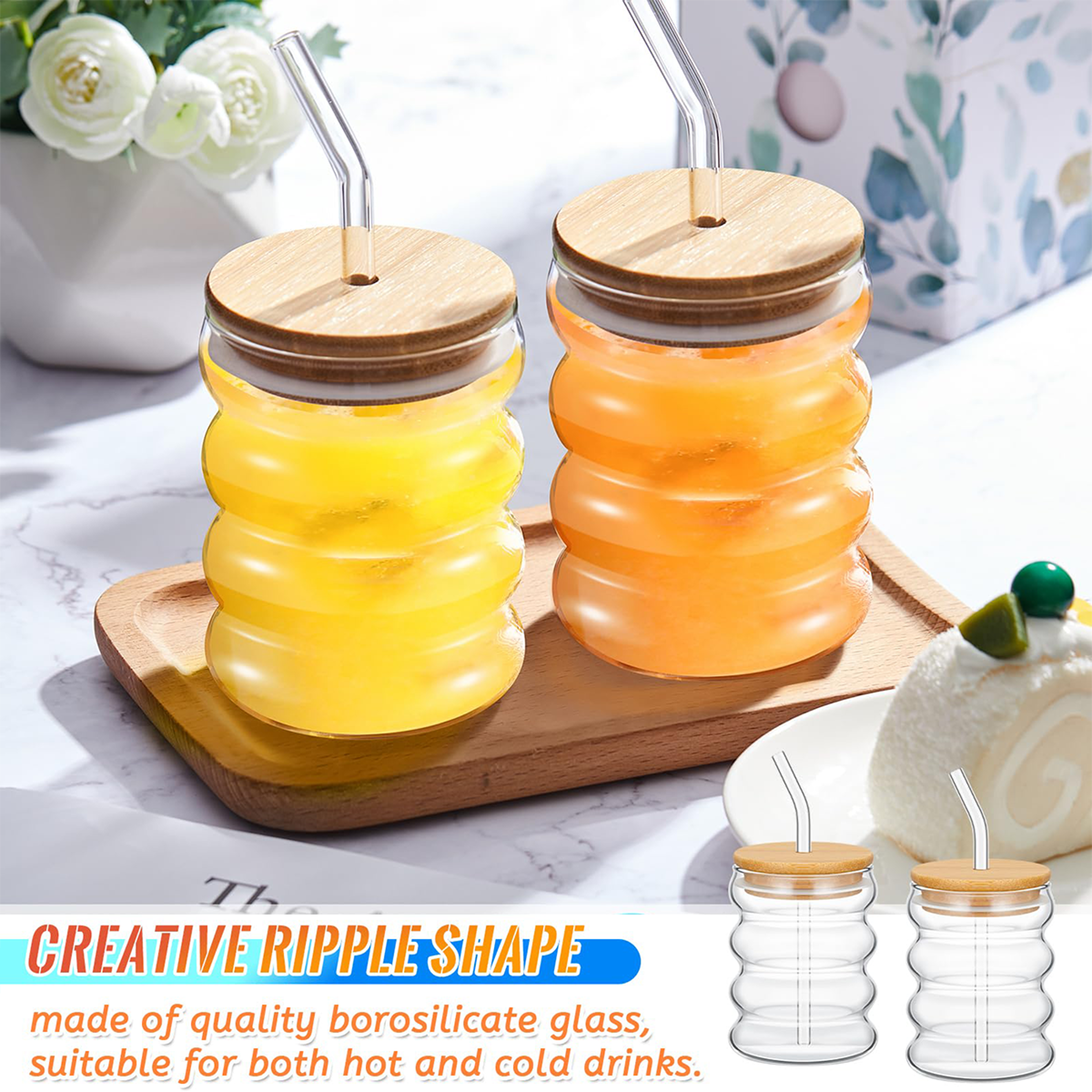 Wave Shape Beverage Glasses Set Glass Cups With Lids  Straws For Juice Coffee  Tea 1