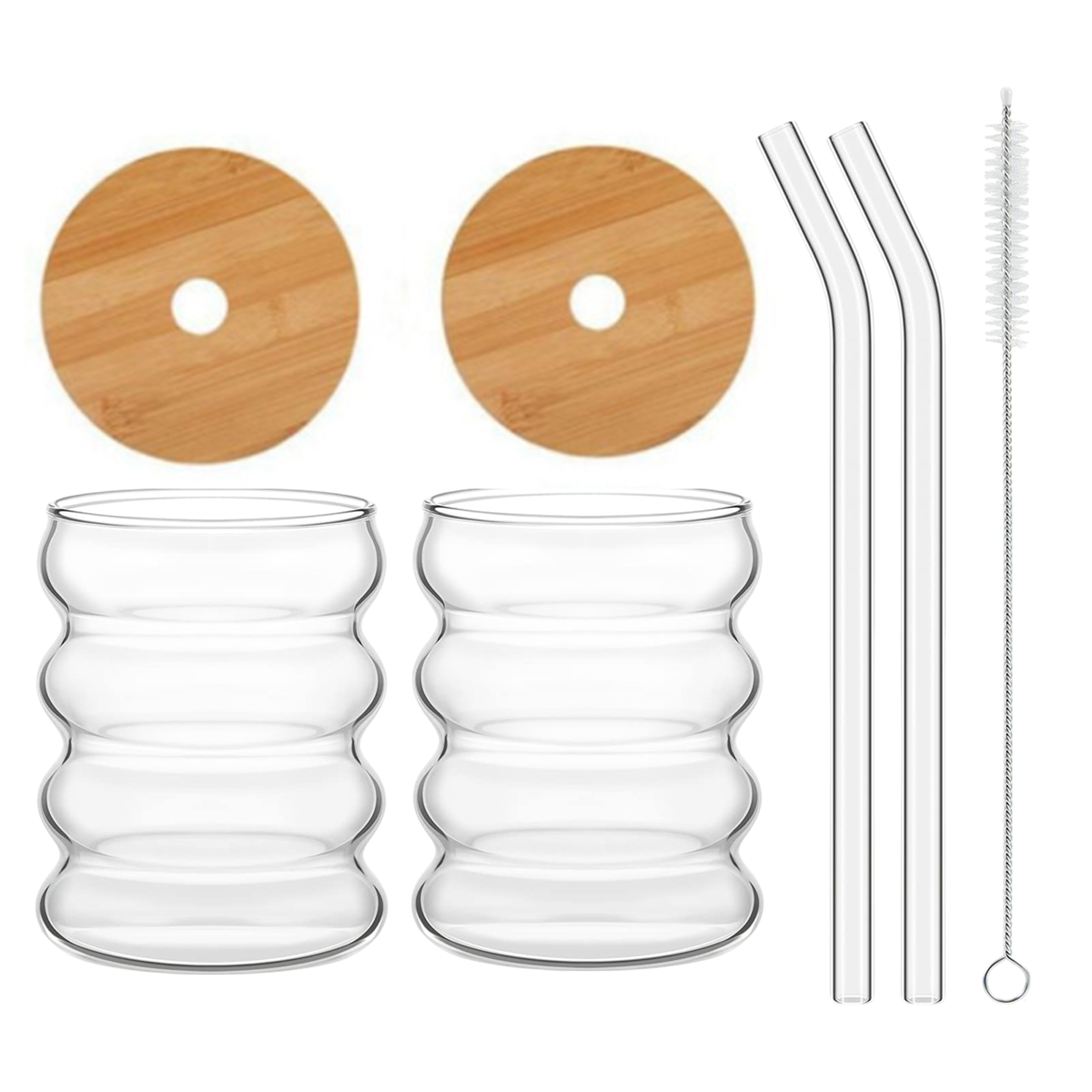 Wave Shape Beverage Glasses Set Glass Cups With Lids  Straws For Juice Coffee  Tea 5