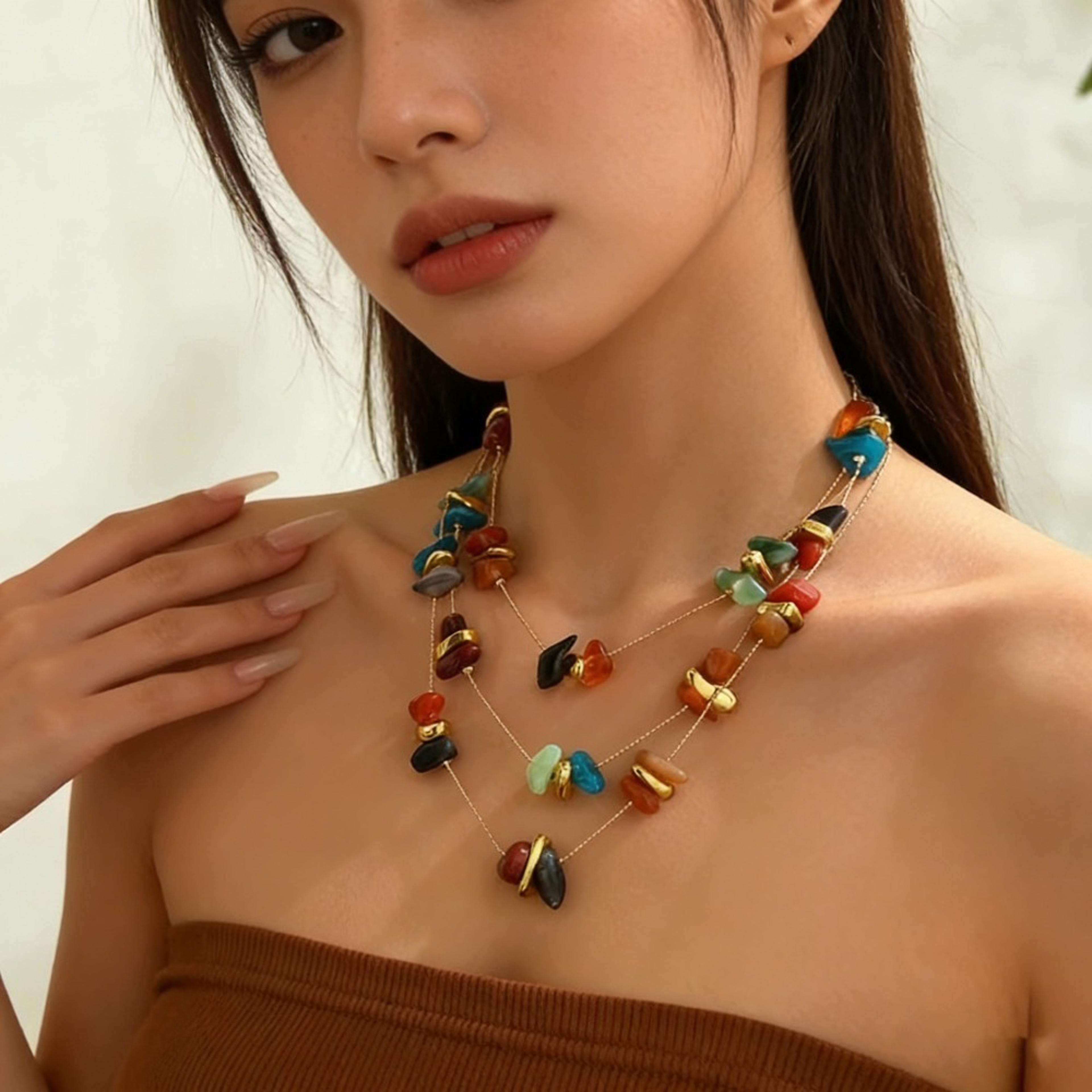 Boho Multi Layer Stone Bead Necklace Colorful Summer Statement Jewelry For Women 5