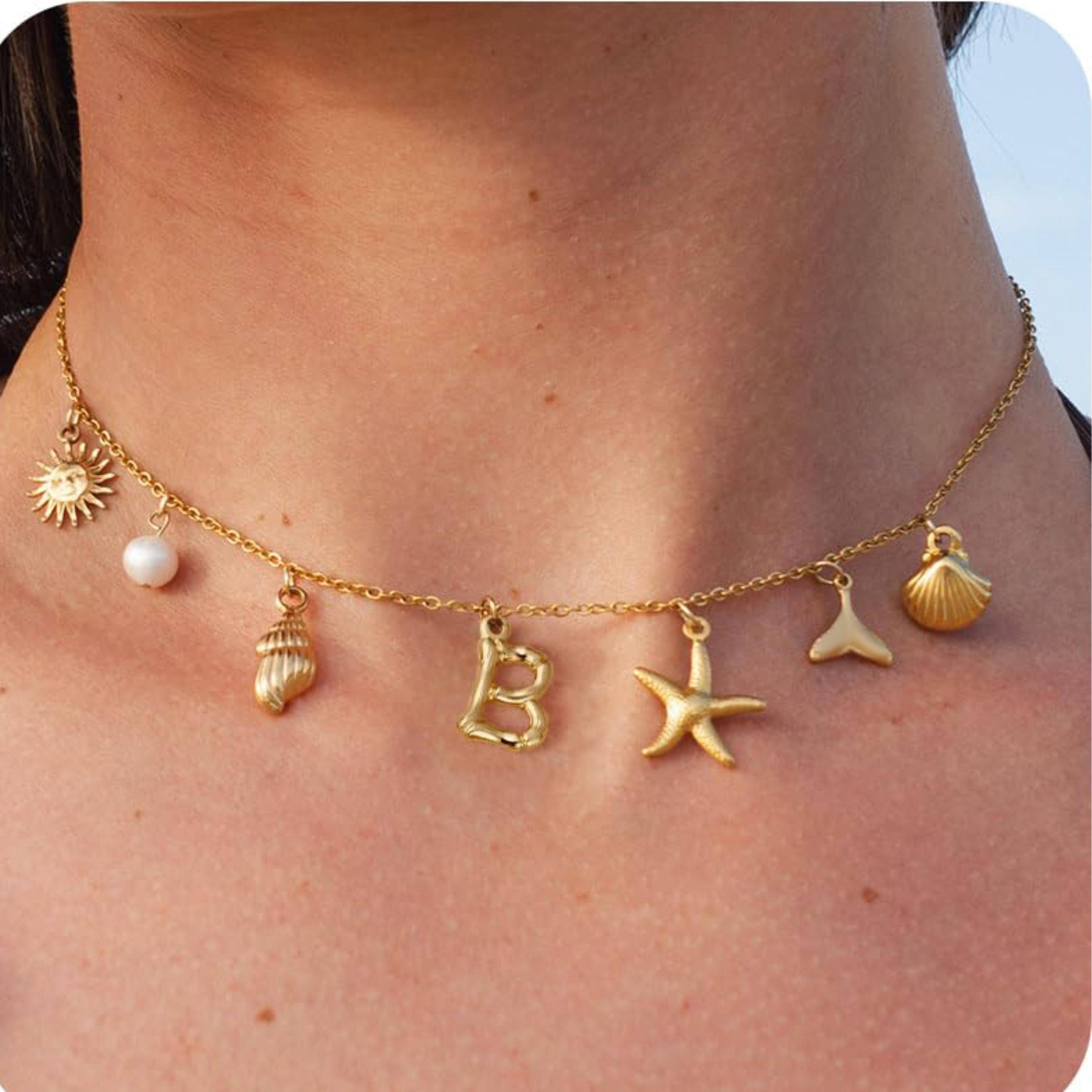 Ocean Initial Charm Necklace Waterproof Gold Plated Starfish Shell Pendant For Beach Lovers 3