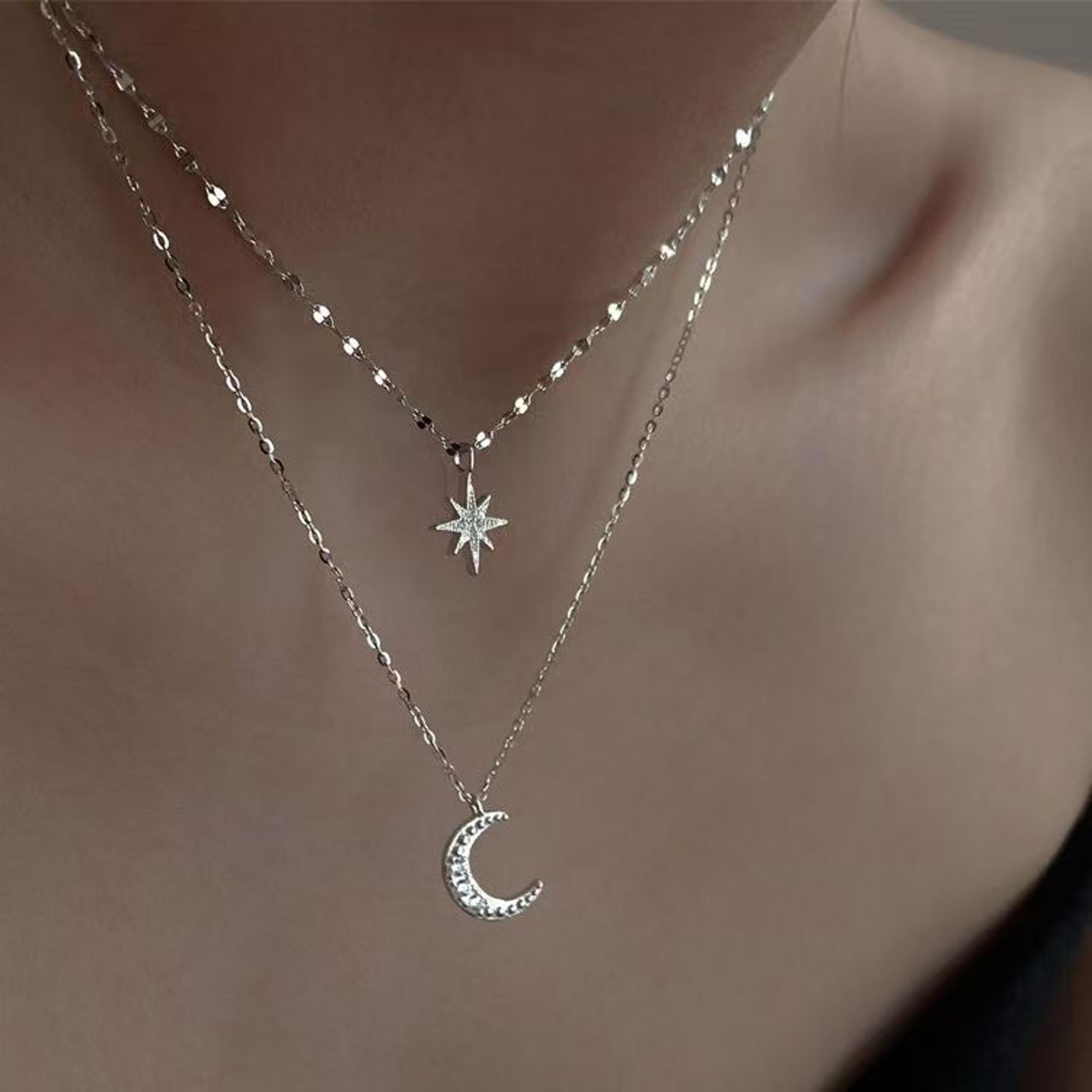 Star Moon Pendant Necklace For Women Minimalist Clavicle Chain Celestial Jewelry Gift 3