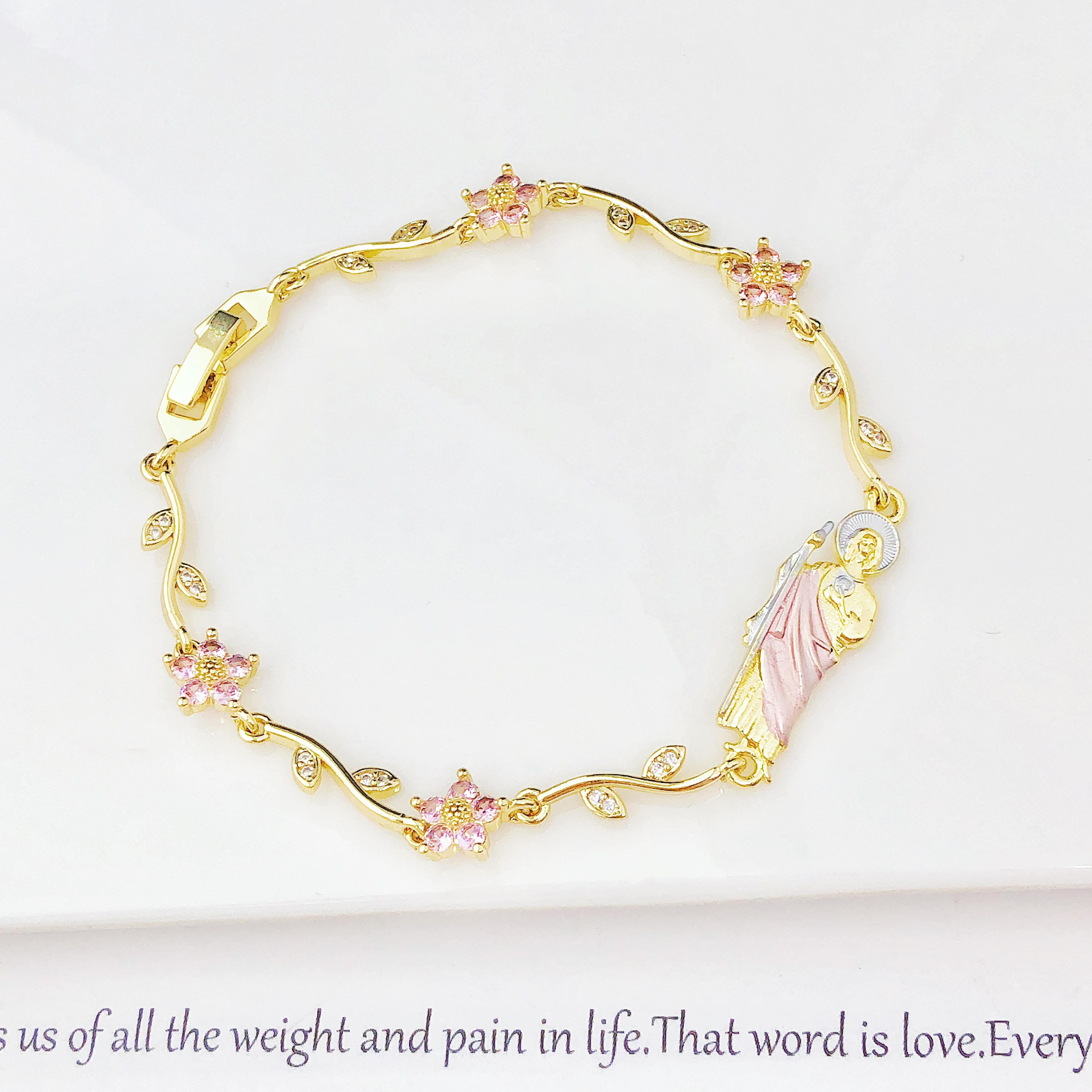 Rhinestone Flower Chain Bracelet Pink Green Enamel Religious Jewelry Gift For Women  Girls 6