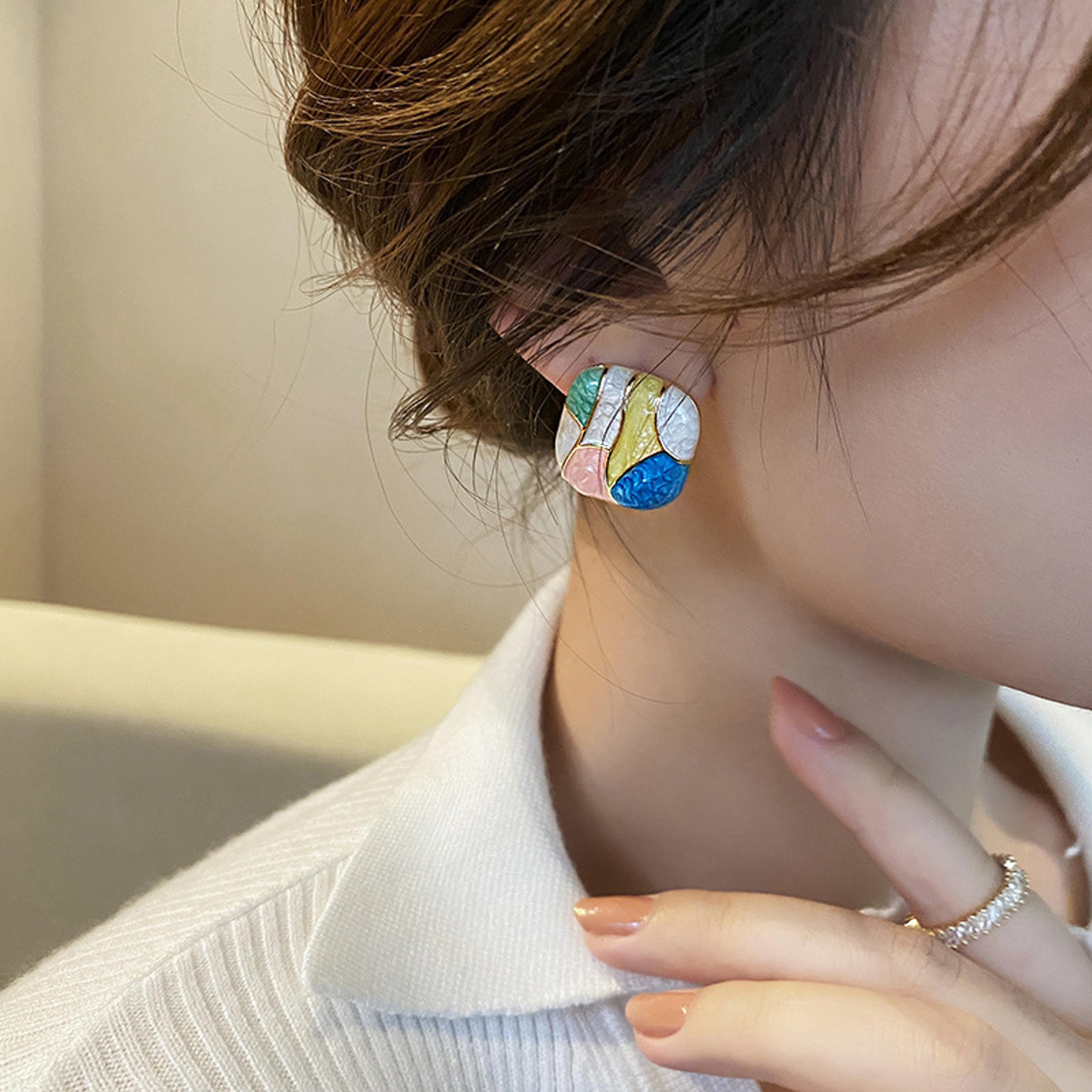 Retro Geometric Colorful Square Statement Earrings For Women Lightweight Fashion Jewelry 2