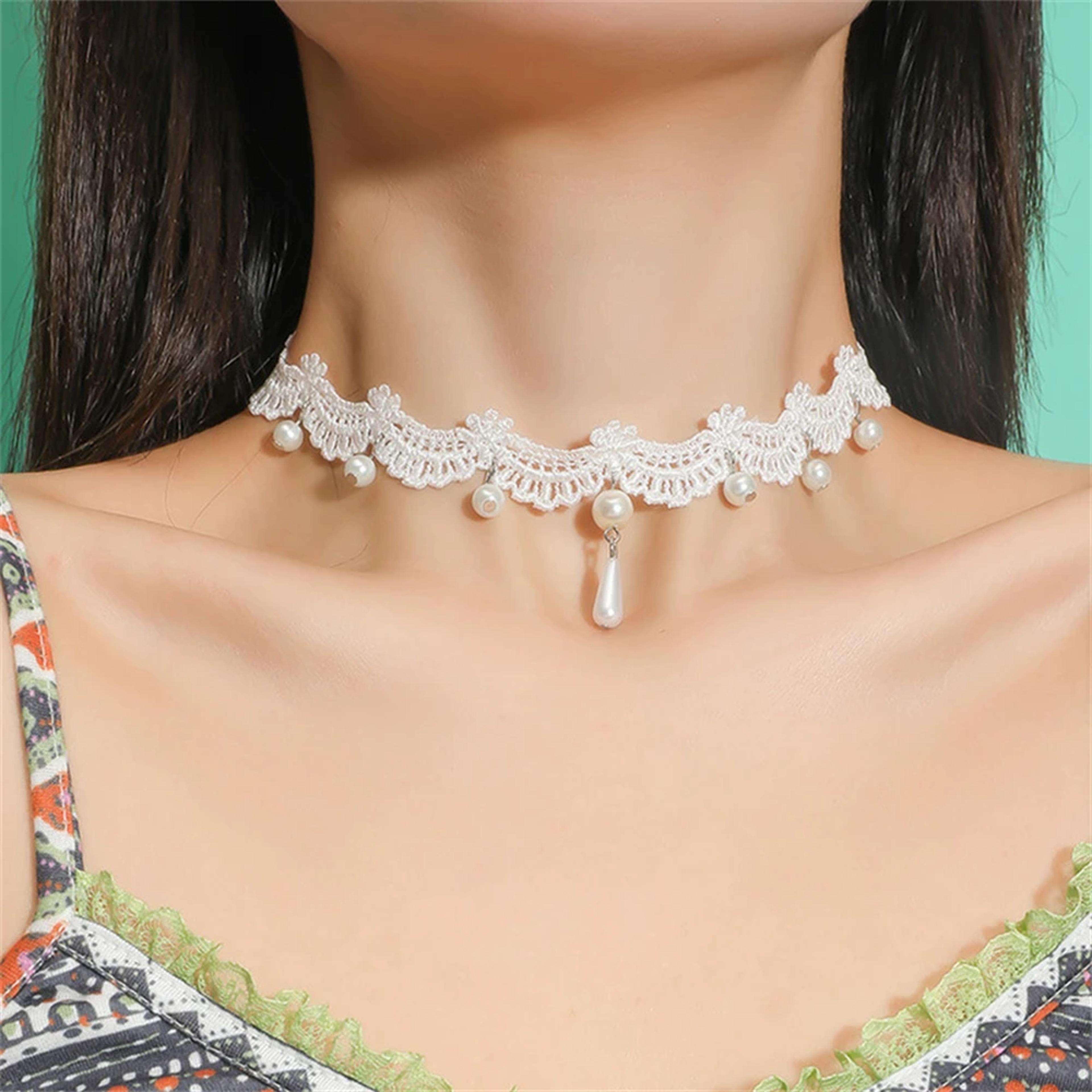 White Lace Pearl Choker Necklace Elegant Kpop Inspired Collar Jewelry For Women  Girls 2