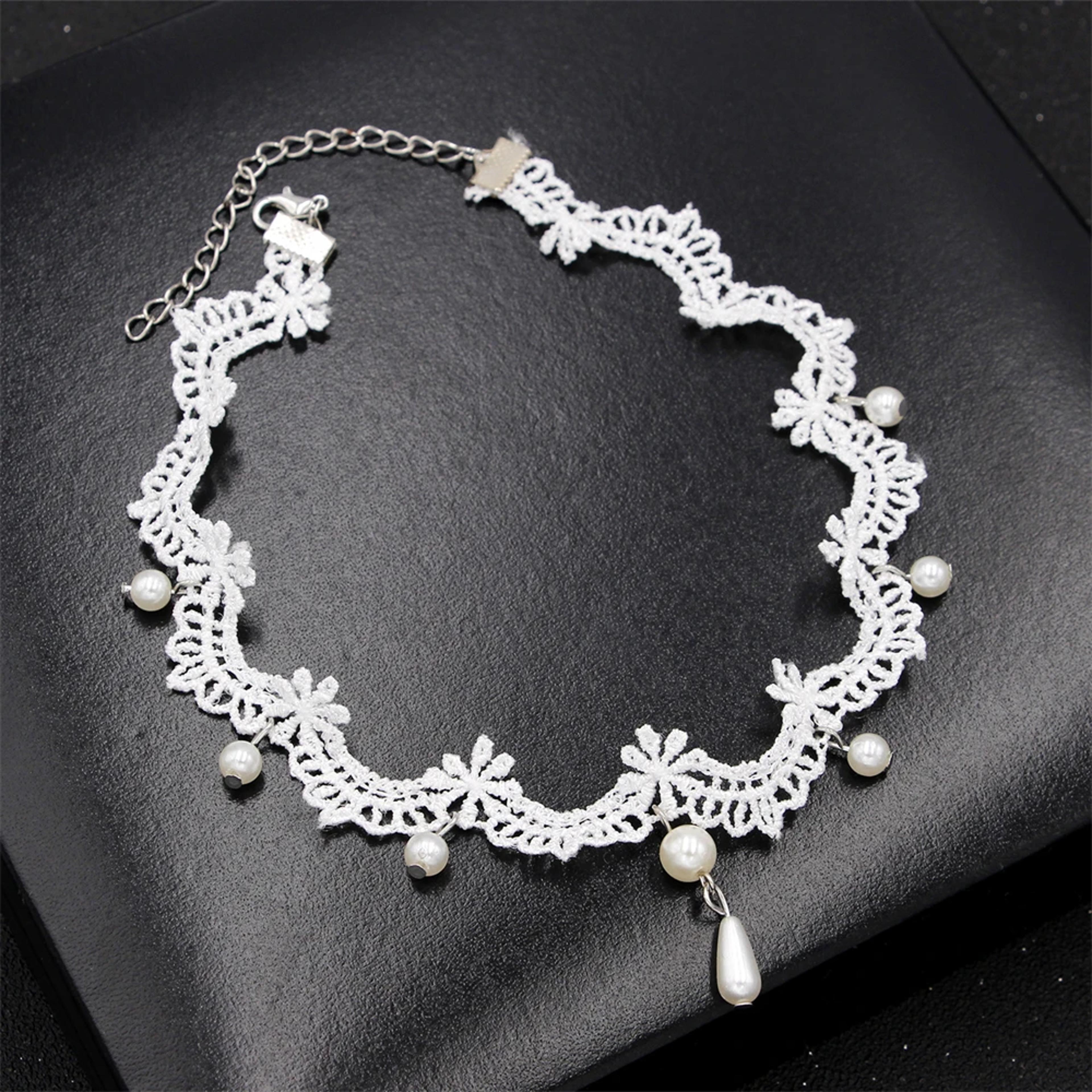 White Lace Pearl Choker Necklace Elegant Kpop Inspired Collar Jewelry For Women  Girls 4