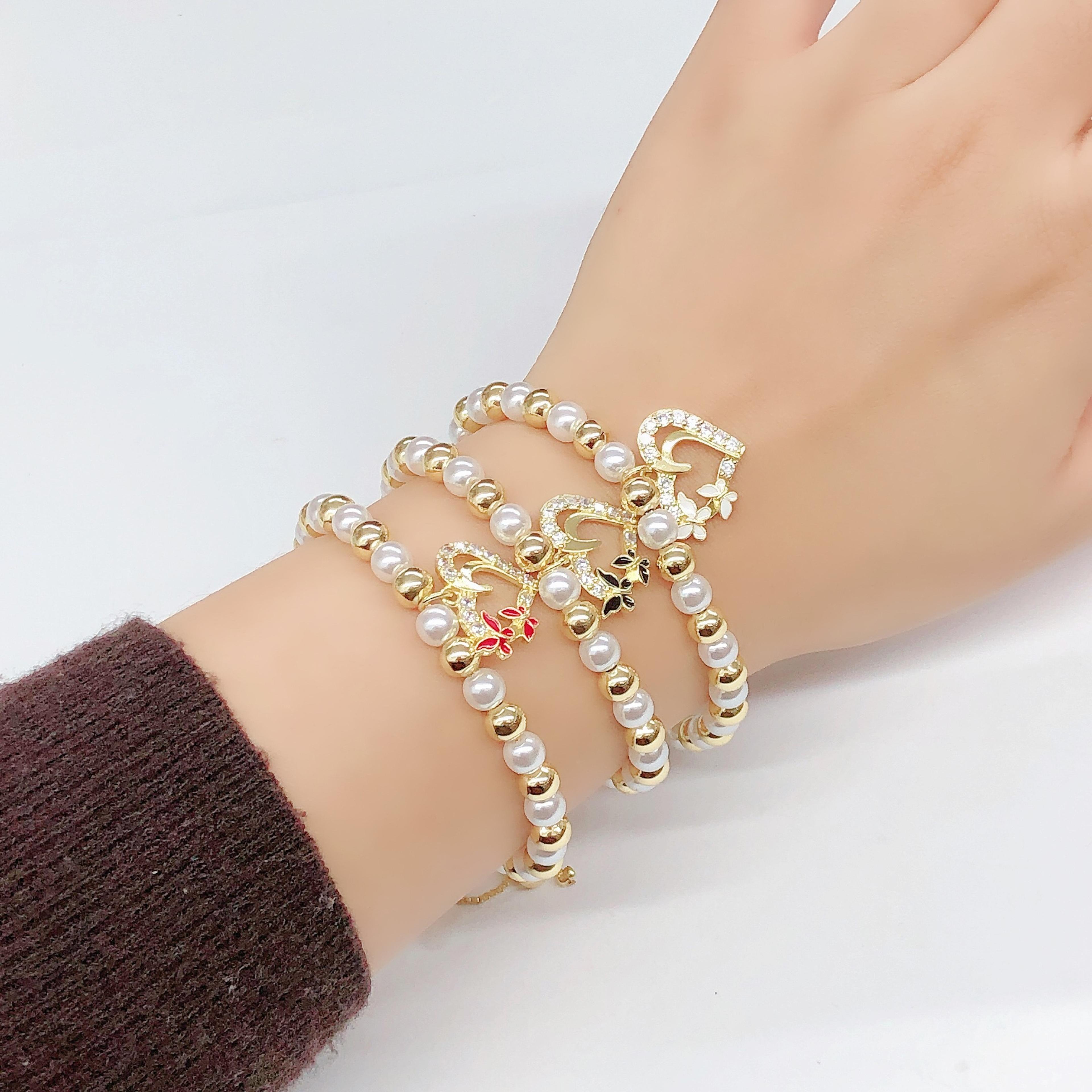 Pearl Chain Heart Pendant Bowknot Zirconia Bracelet Womens Fashion Jewelry Gift 1