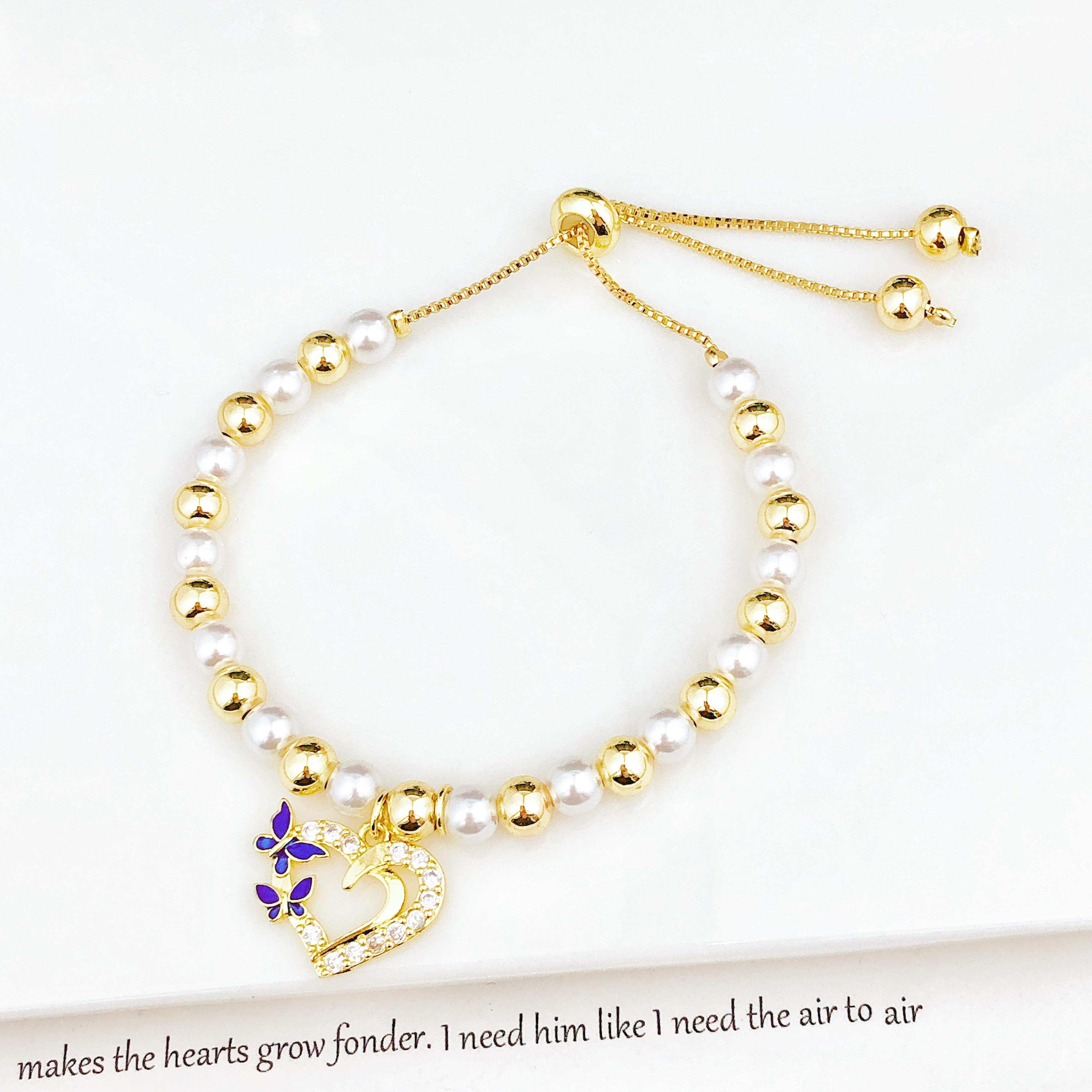 Pearl Chain Heart Pendant Bowknot Zirconia Bracelet Womens Fashion Jewelry Gift 9