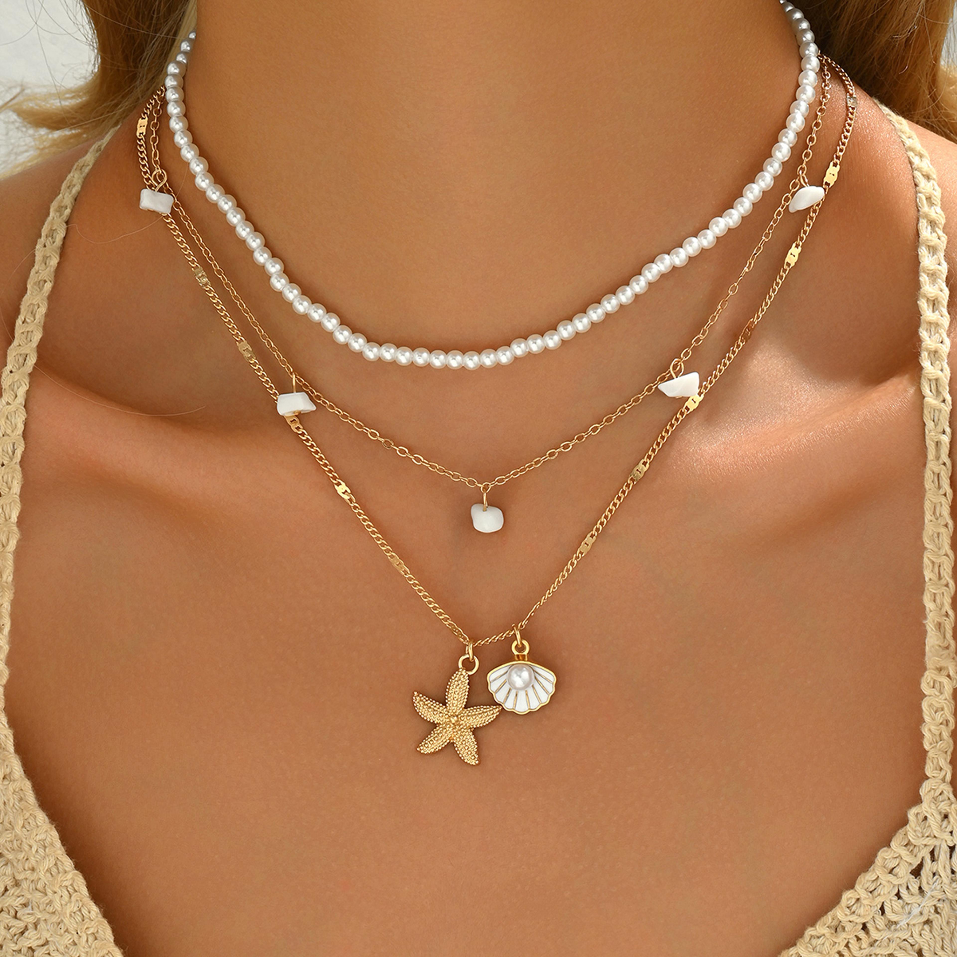 Boho Layered Starfish Shell Necklace Set Faux Pearl Beach Vacation Jewelry For Women 5