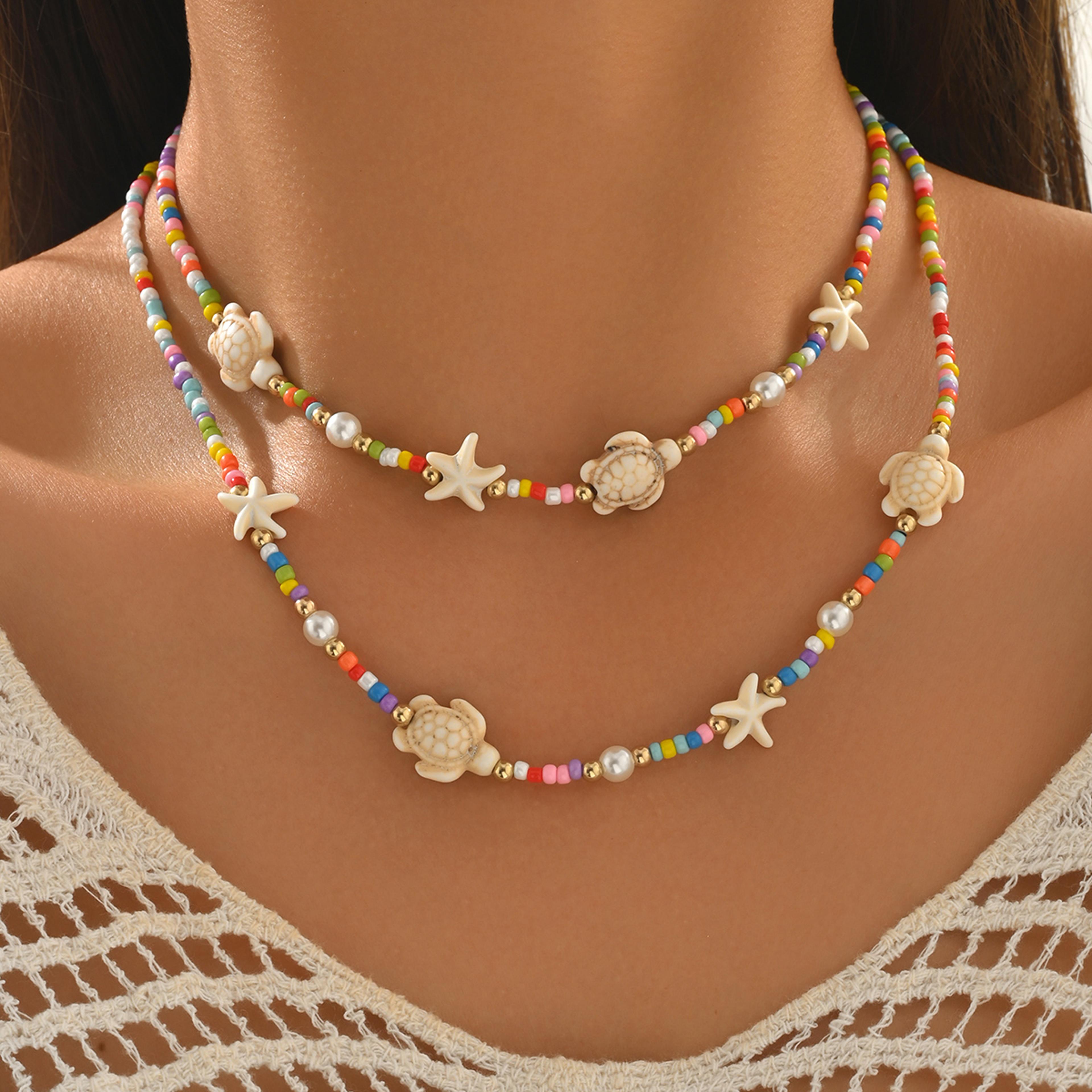 Boho Turtle Starfish Layered Beaded Choker Necklace For Beach  Vacation Wear 1