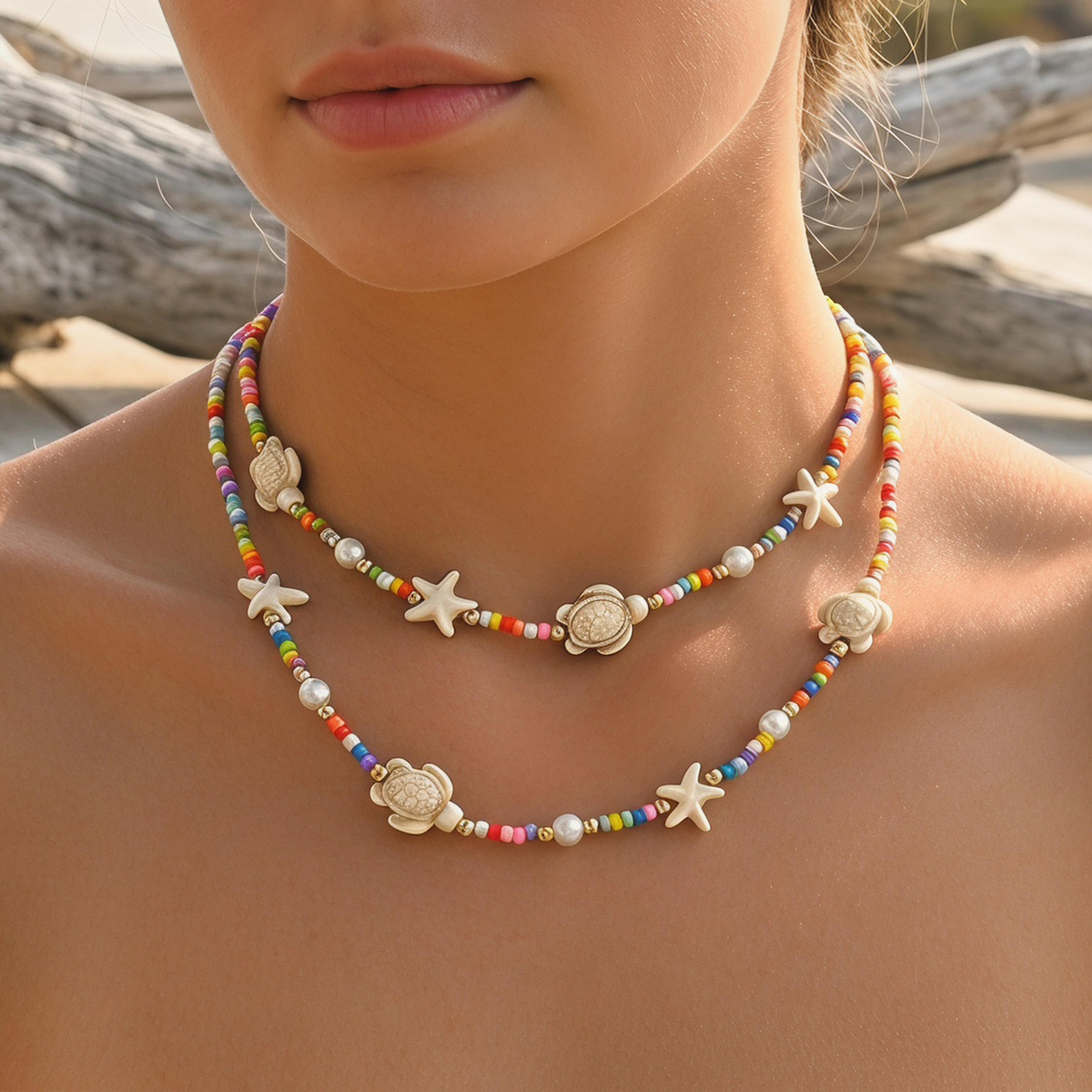 Boho Turtle Starfish Layered Beaded Choker Necklace For Beach  Vacation Wear 3